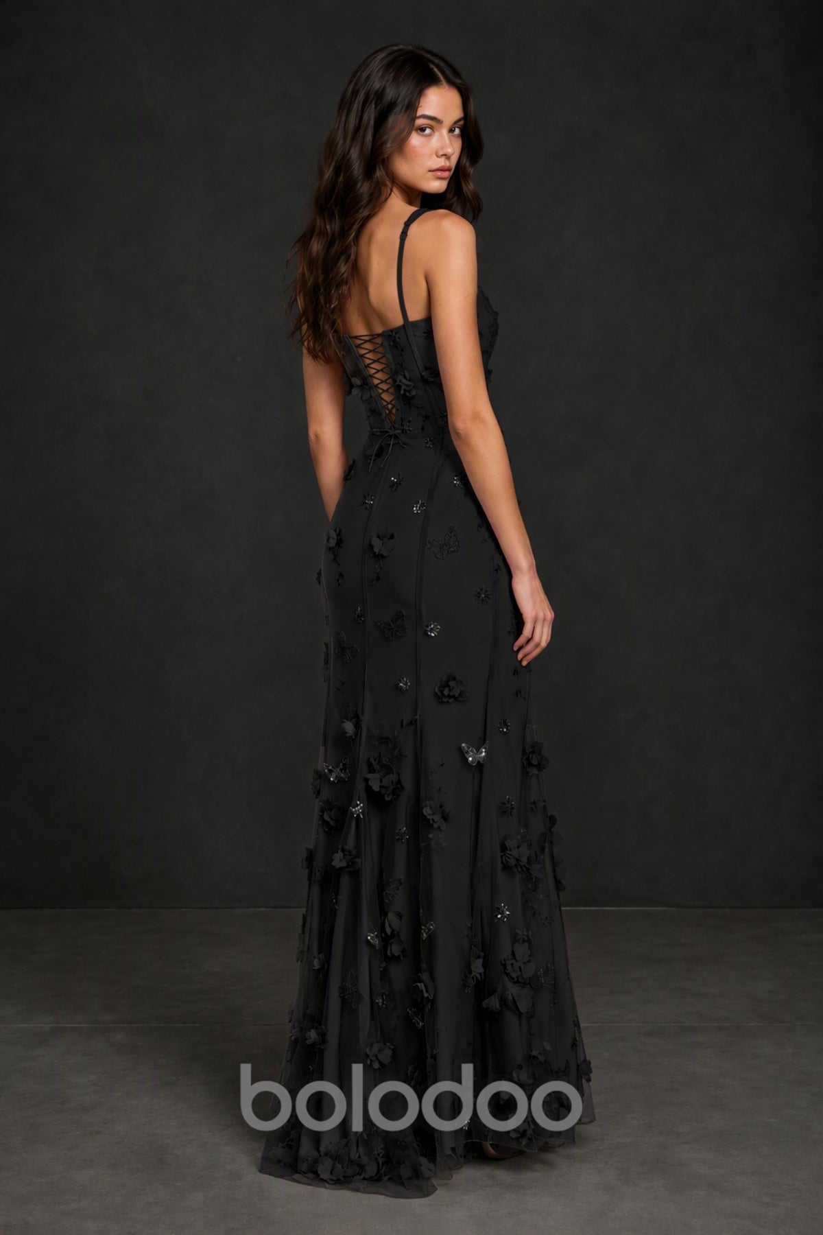 BOLODOO Black 3D Butterfly Floral Tulle Maxi Gown – Lace-Up Back Slit Formal Dress  | BOLODOO watermark