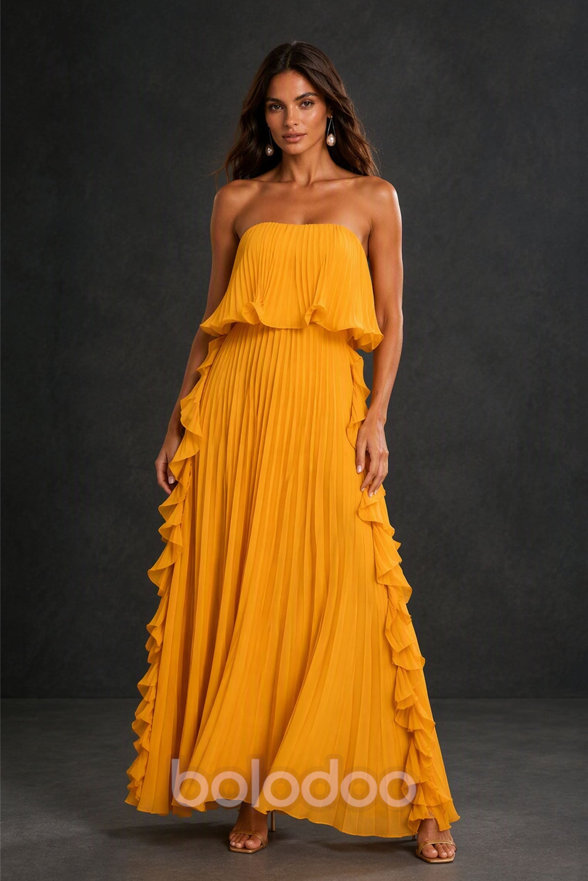 BOLODOO Golden Yellow Strapless Ruffle Bodice Dual Cascading Ruffle Accordion Pleated Chiffon Maxi Dress - Front View | BOLODOO watermark