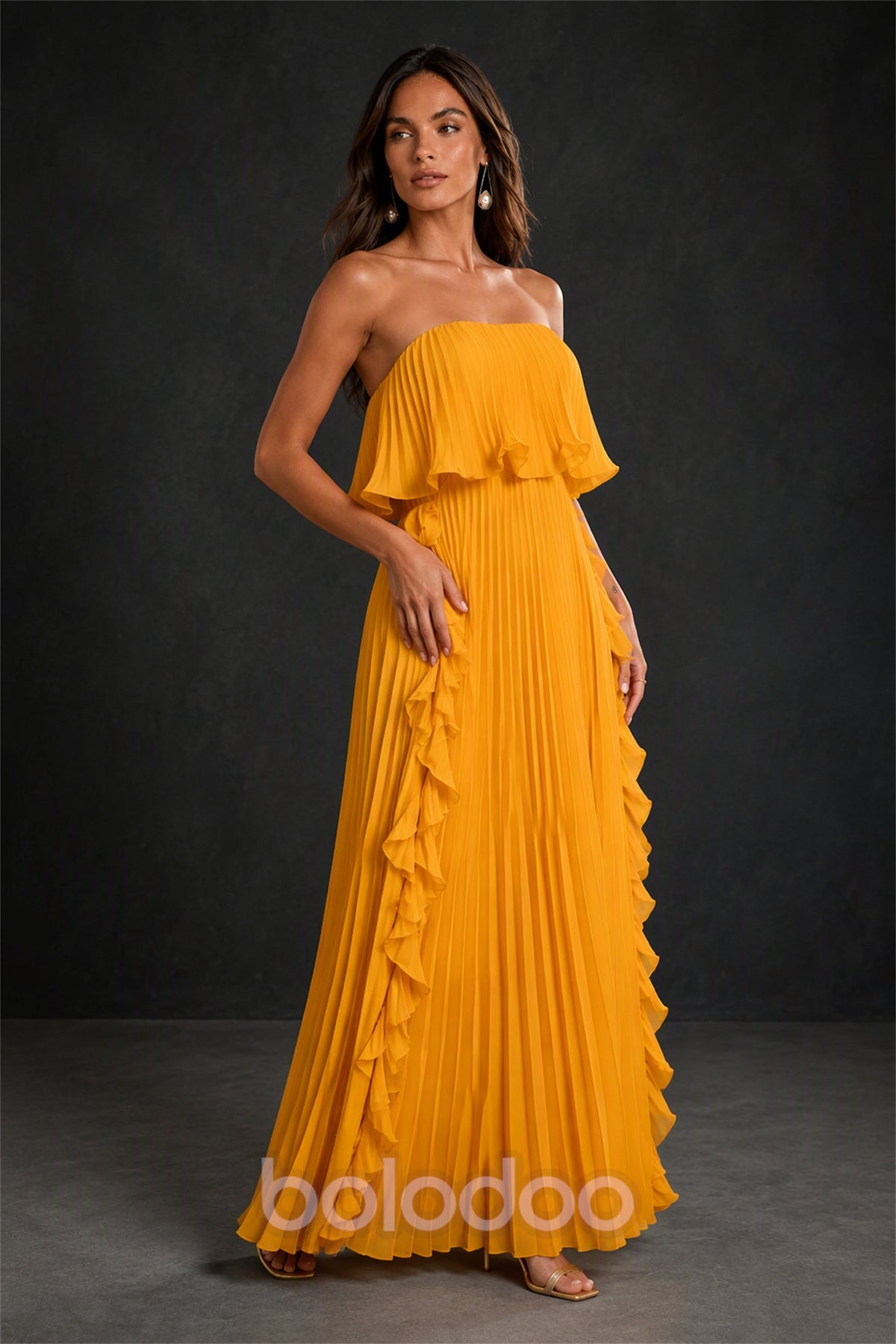 BOLODOO Golden Yellow Strapless Ruffle Bodice Dual Cascading Ruffle Accordion Pleated Chiffon Maxi Dress - Side Three-Quarter Ruffle View | BOLODOO watermark