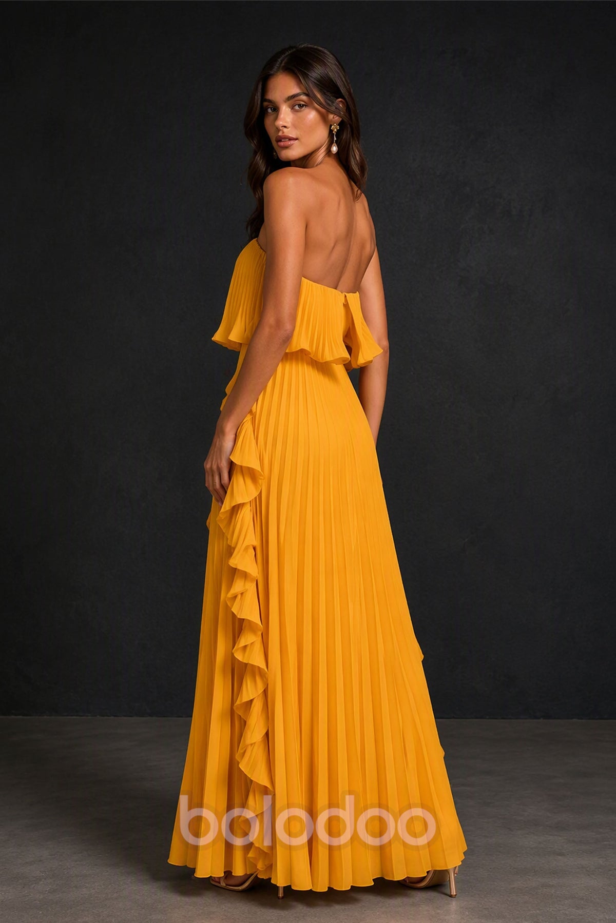 BOLODOO Golden Yellow Strapless Ruffle Bodice Dual Cascading Ruffle Accordion Pleated Chiffon Maxi Dress - Back Open View | BOLODOO watermark