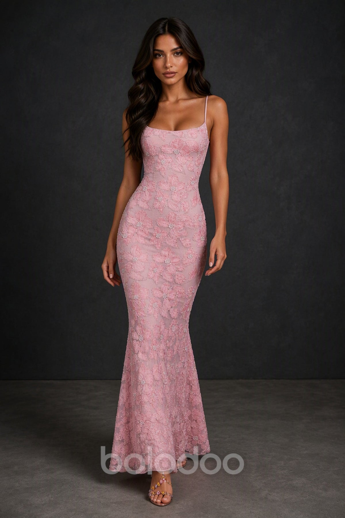BOLODOO Blush Pink Floral Lace Mermaid Maxi Gown - Back view showcasing open back and spaghetti strap detail | BOLODOO watermark