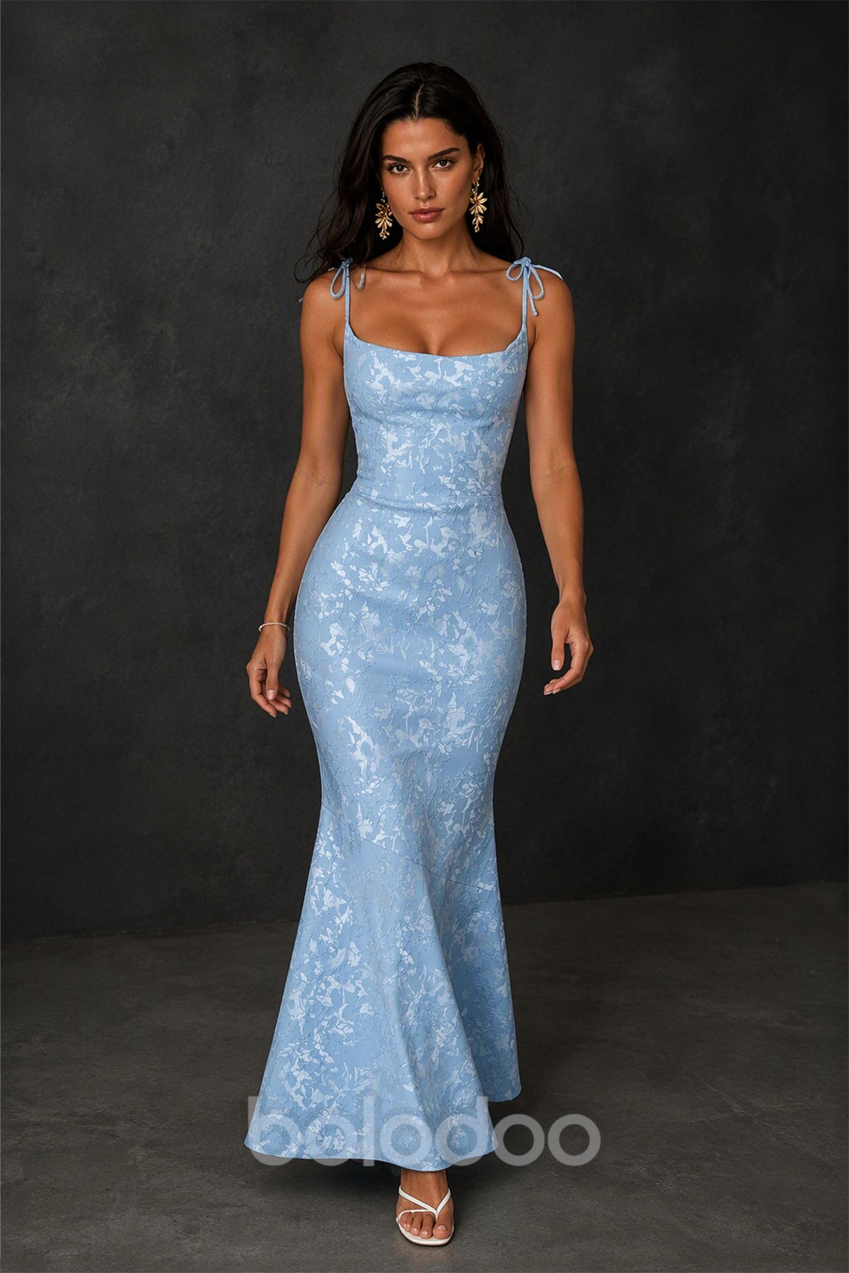 BOLODOO Light Blue Scoop Neck Tie Strap Lace-Up Back Floral Jacquard Mermaid Maxi Dress - Front Second Angle | BOLODOO watermark