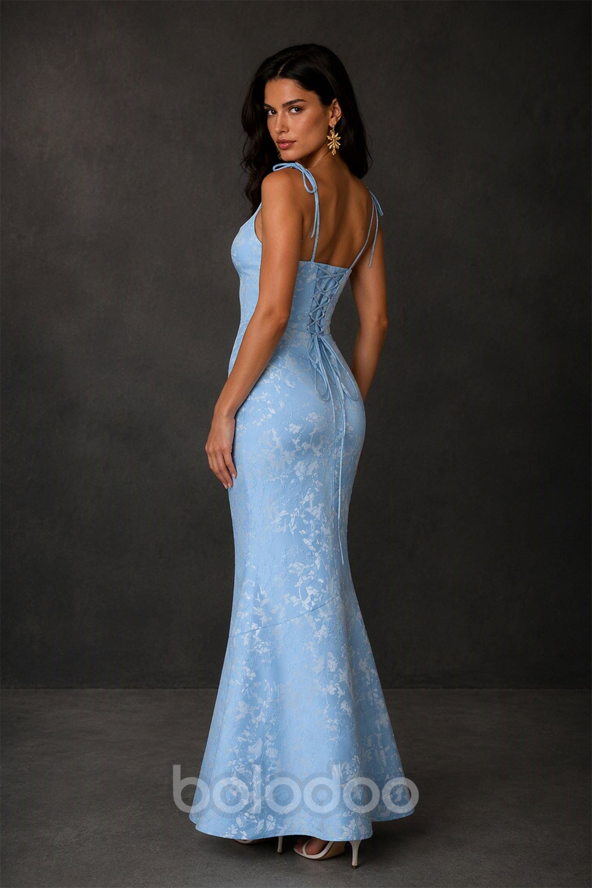 BOLODOO Light Blue Scoop Neck Tie Strap Lace-Up Back Floral Jacquard Mermaid Maxi Dress - Back Lace-Up Corset View | BOLODOO watermark