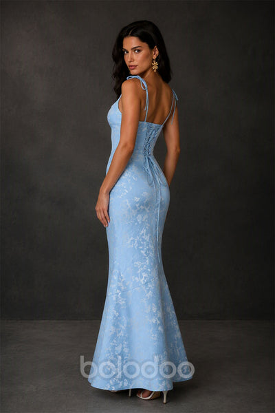 BOLODOO Light Blue Scoop Neck Tie Strap Lace-Up Back Floral Jacquard Mermaid Maxi Dress - Back Lace-Up Corset View | BOLODOO watermark