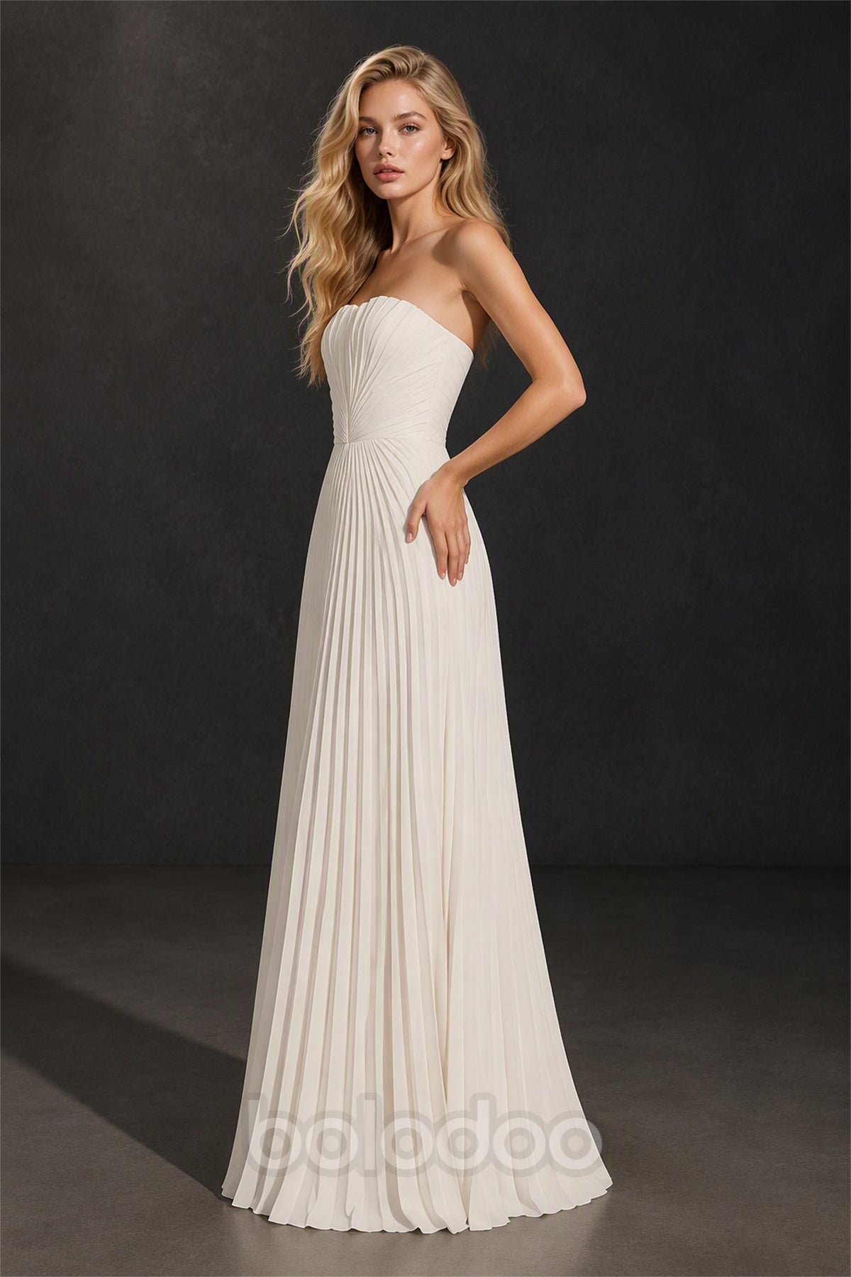 BOLODOO Ivory Strapless Sunburst Pleated Twisted Knot Lace-Up Back Chiffon Maxi Dress - Side Three-Quarter View | BOLODOO watermark