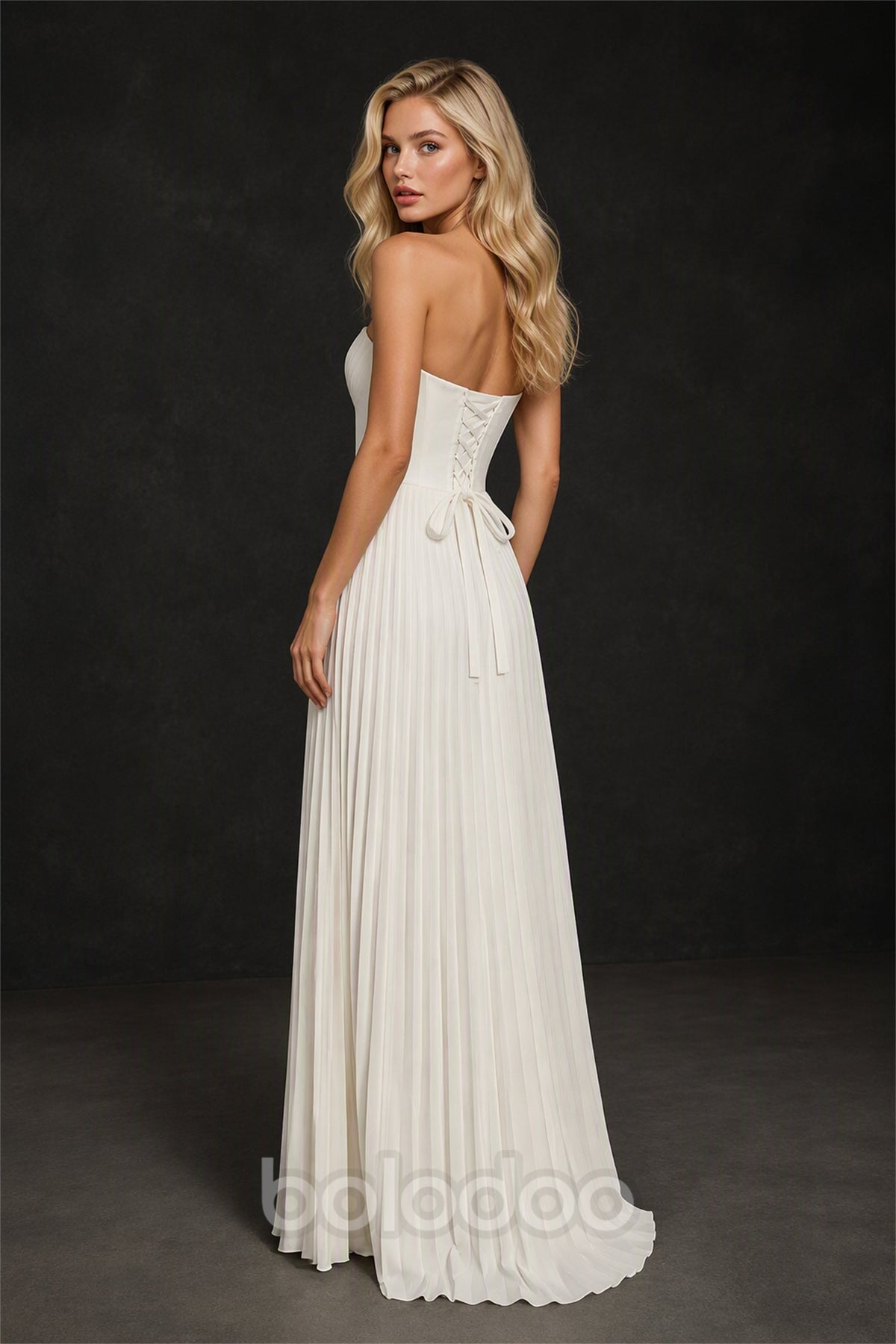 BOLODOO Ivory Strapless Sunburst Pleated Twisted Knot Lace-Up Back Chiffon Maxi Dress - Back Lace-Up Corset Bow View | BOLODOO watermark