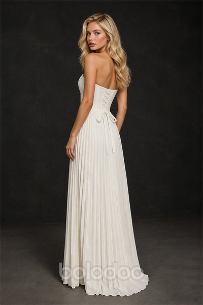 BOLODOO Ivory Strapless Sunburst Pleated Twisted Knot Lace-Up Back Chiffon Maxi Dress - Back Lace-Up Corset Bow View | BOLODOO watermark