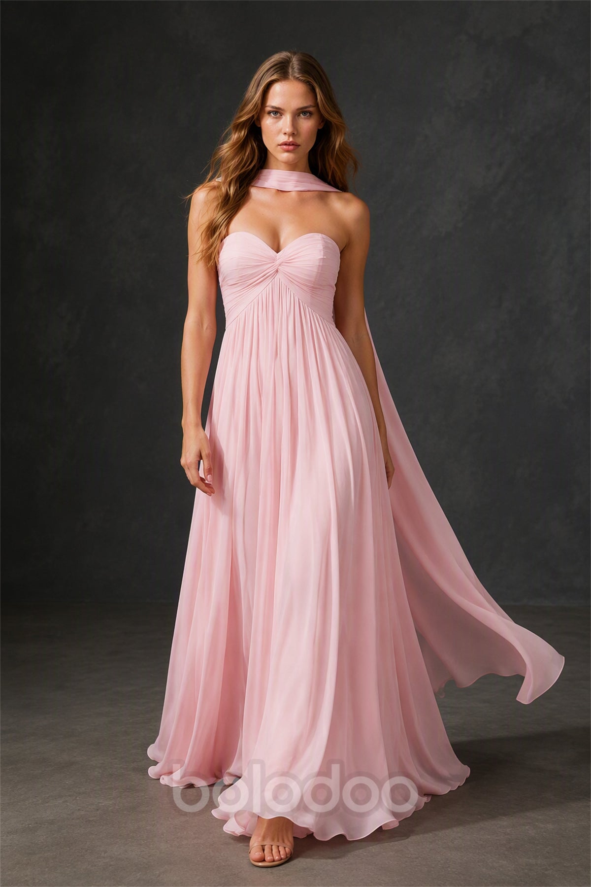 BOLODOO Blush Pink Sweetheart Strapless Twist Knot Detached Halter Scarf Lace-Up Back Chiffon Maxi Dress - Front Dynamic Scarf View | BOLODOO watermark