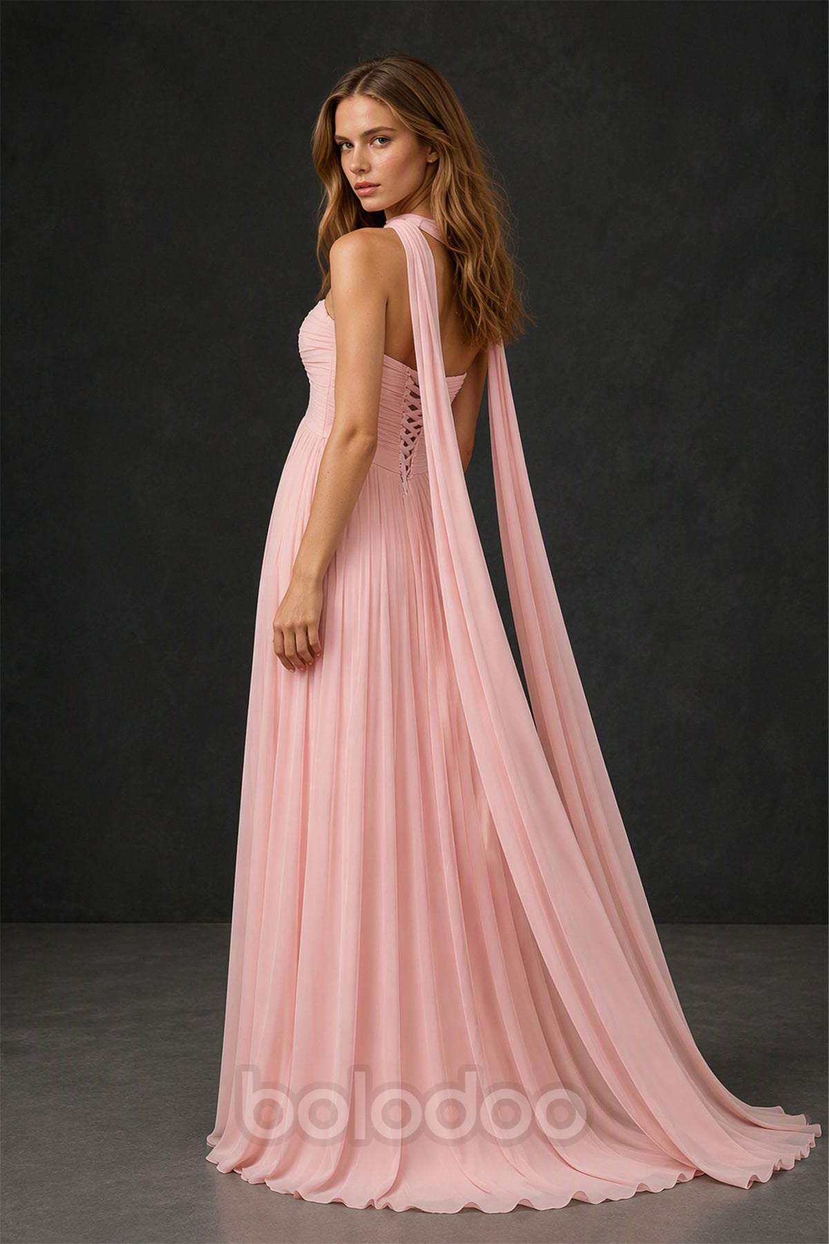 BOLODOO Blush Pink Sweetheart Strapless Twist Knot Detached Halter Scarf Lace-Up Back Chiffon Maxi Dress - Back Lace-Up Open View | BOLODOO watermark