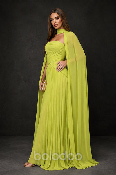 BOLODOO Chartreuse Strapless Crossover Ruched Detached Turtleneck Cape Lace-Up Back Pleated Chiffon Maxi Dress - Side Three-Quarter Cape View | BOLODOO watermark