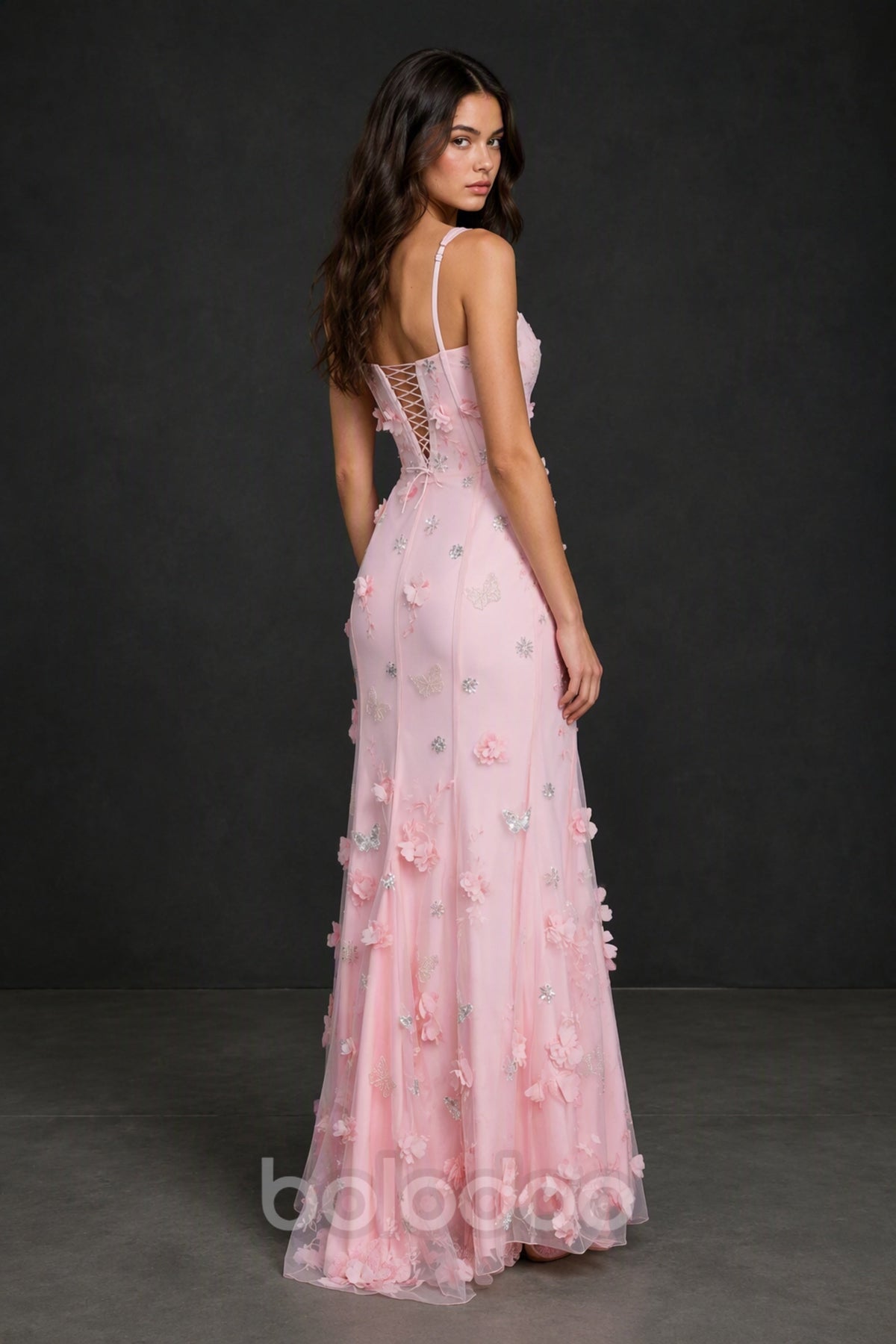 BOLODOO Blush Pink 3D Butterfly Floral Tulle Maxi Gown – Lace-Up Back Slit Formal Dress - Blush Pink | BOLODOO watermark