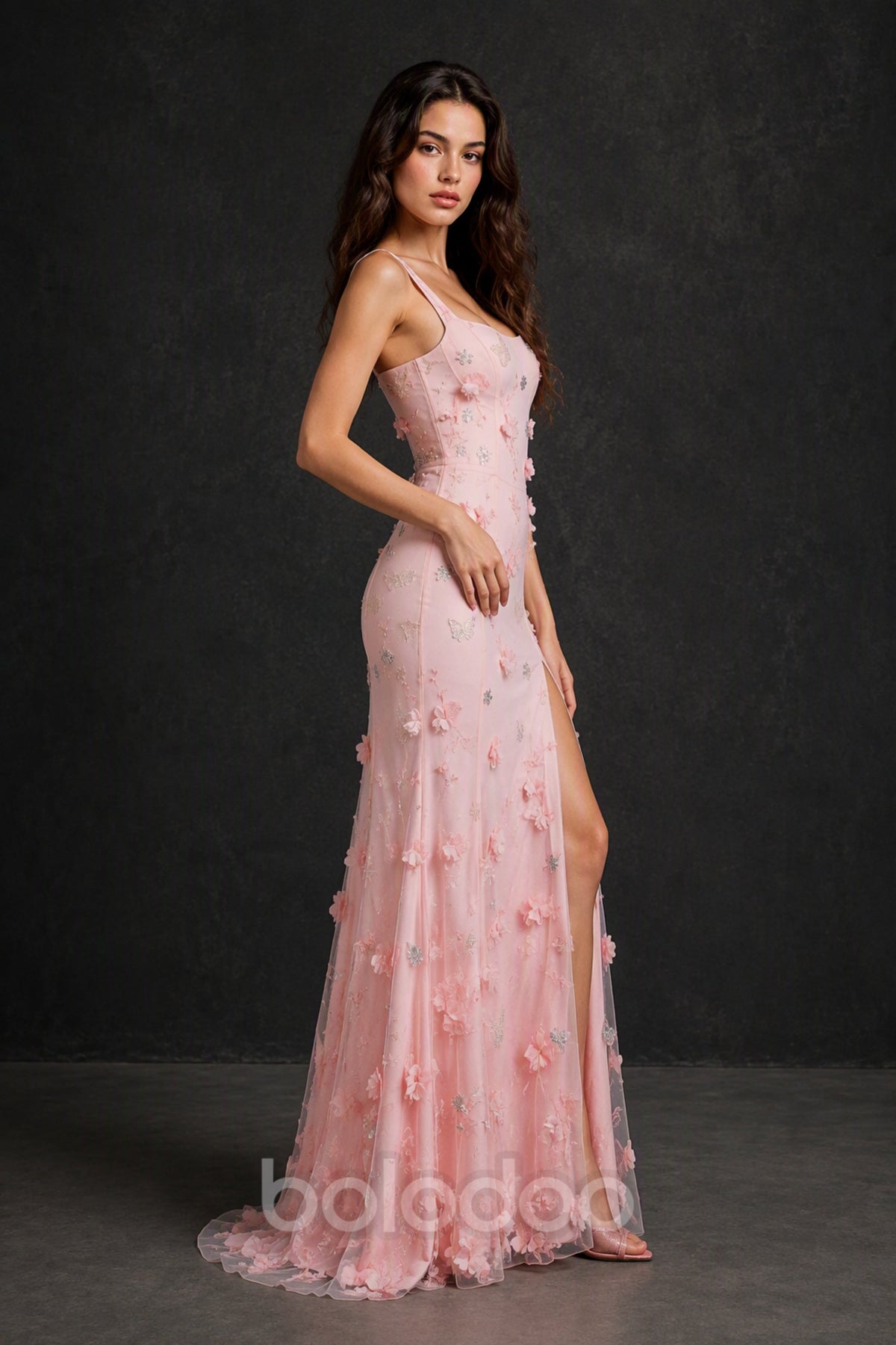 BOLODOO Blush Pink 3D Butterfly Floral Tulle Maxi Gown – Lace-Up Back Slit Formal Dress - Blush Pink | BOLODOO watermark