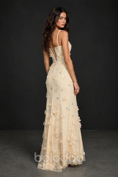 BOLODOO Champagne 3D Butterfly Floral Tulle Maxi Gown – Lace-Up Back Slit Formal Dress - Champagne | BOLODOO watermark