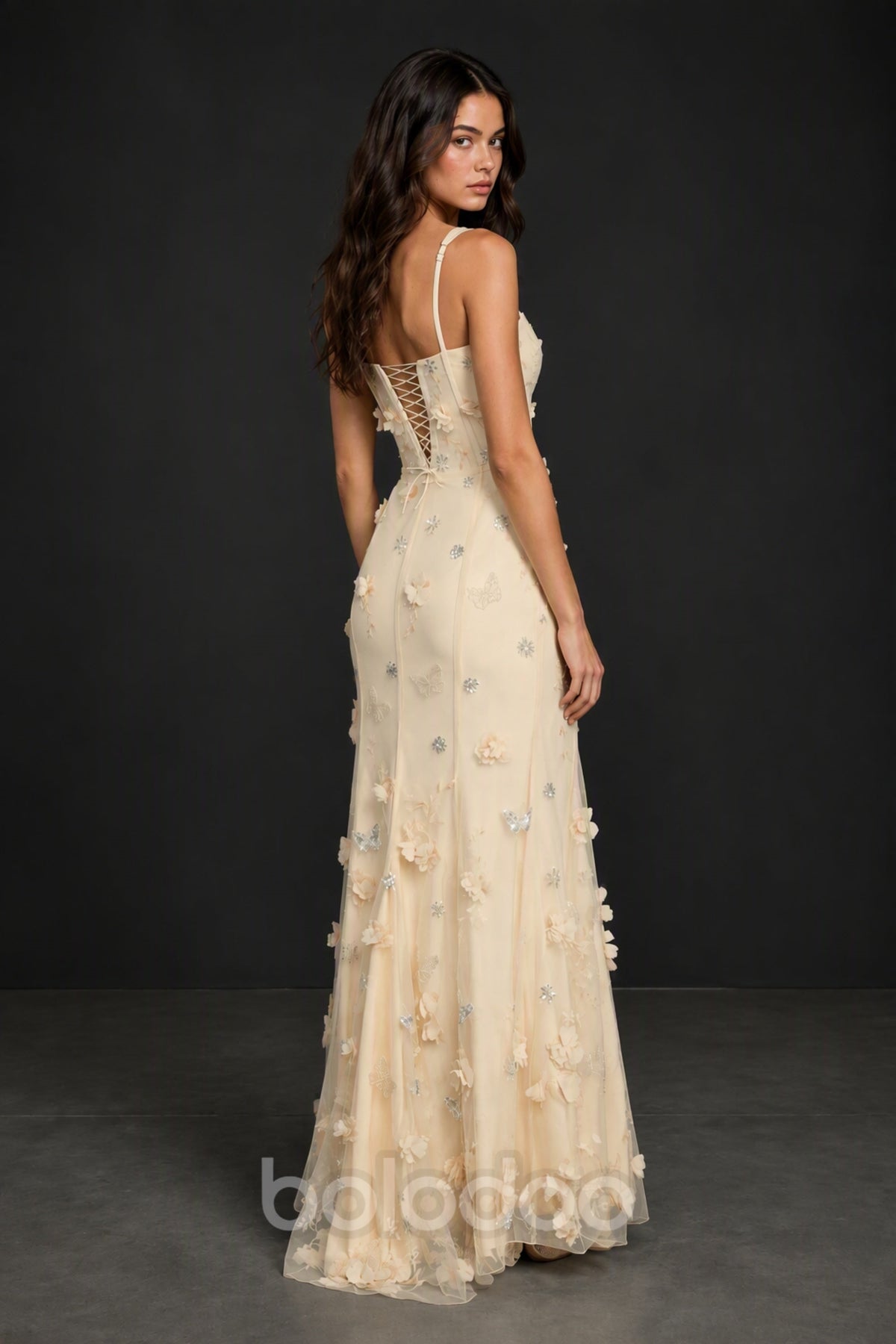BOLODOO Champagne 3D Butterfly Floral Tulle Maxi Gown – Lace-Up Back Slit Formal Dress - Champagne | BOLODOO watermark