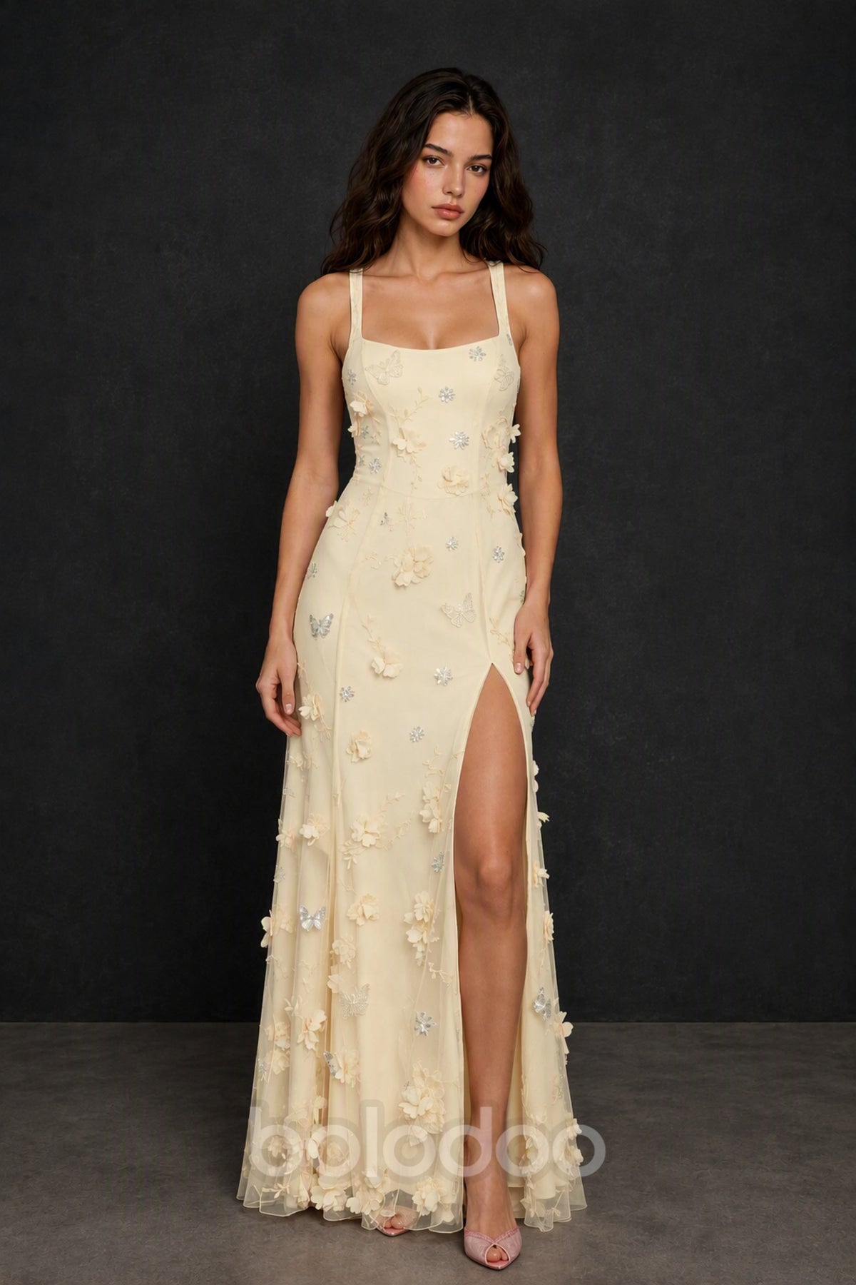 BOLODOO Champagne 3D Butterfly Floral Tulle Maxi Gown – Lace-Up Back Slit Formal Dress - Champagne | BOLODOO watermark
