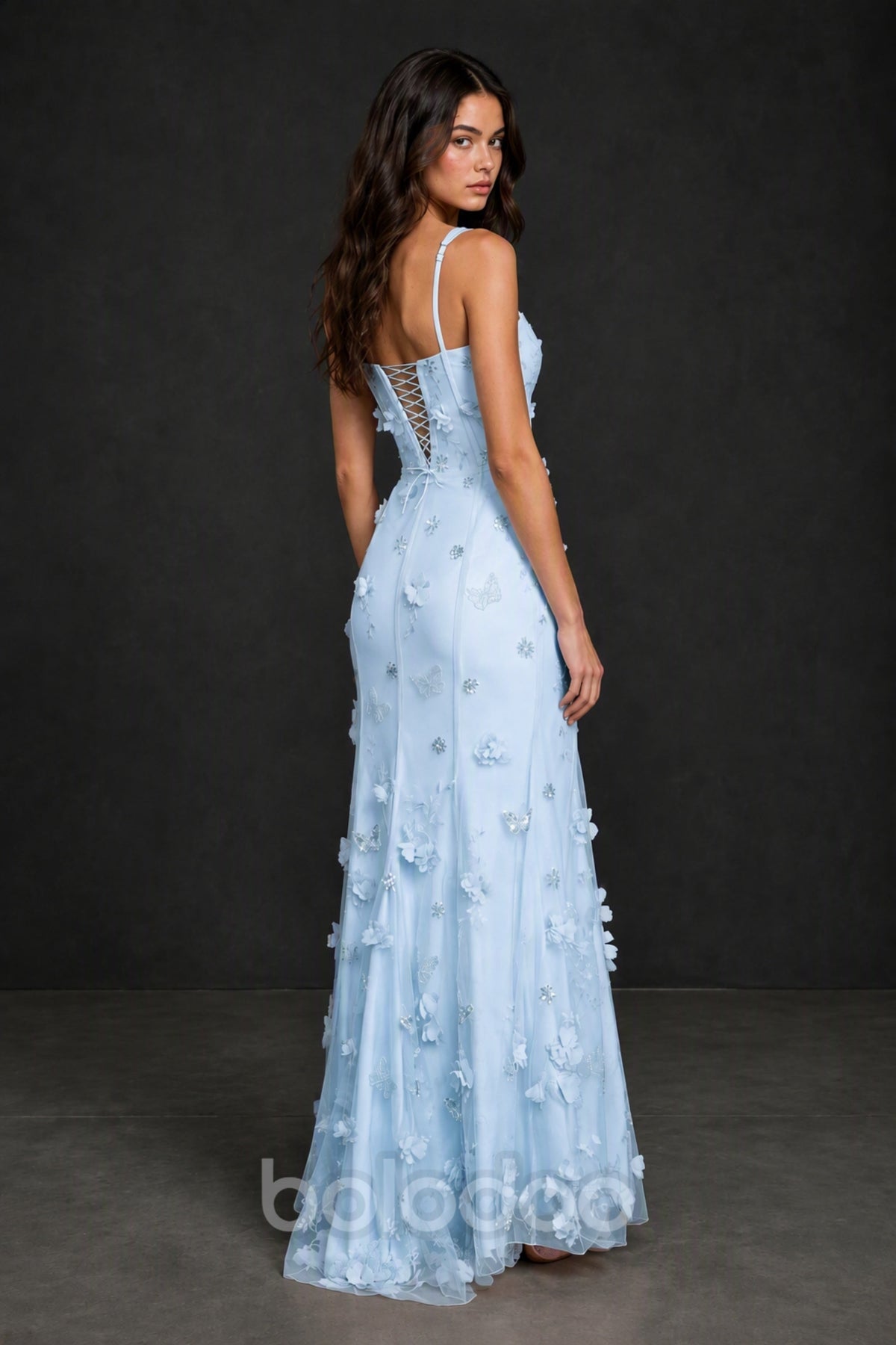 BOLODOO Light Blue 3D Butterfly Floral Tulle Maxi Gown – Lace-Up Back Slit Formal Dress - Light Blue | BOLODOO watermark