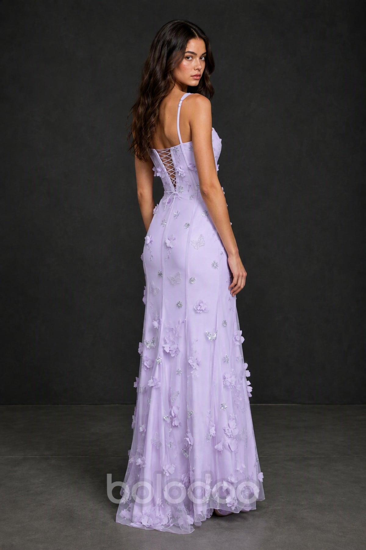BOLODOO Lilac 3D Butterfly Floral Tulle Maxi Gown – Lace-Up Back Slit Formal Dress - Lilac | BOLODOO watermark