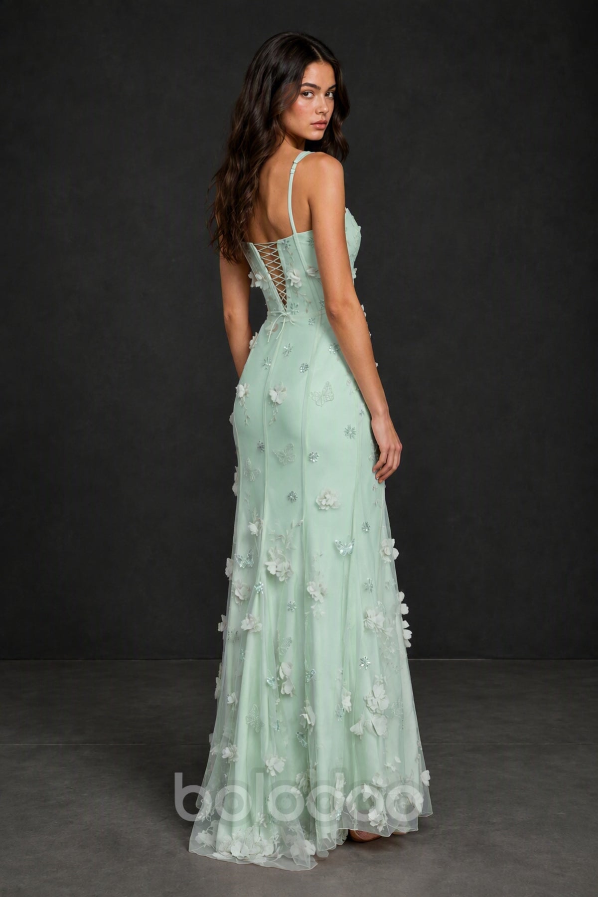 BOLODOO Mint Green 3D Butterfly Floral Tulle Maxi Gown – Lace-Up Back Slit Formal Dress - Mint Green | BOLODOO watermark