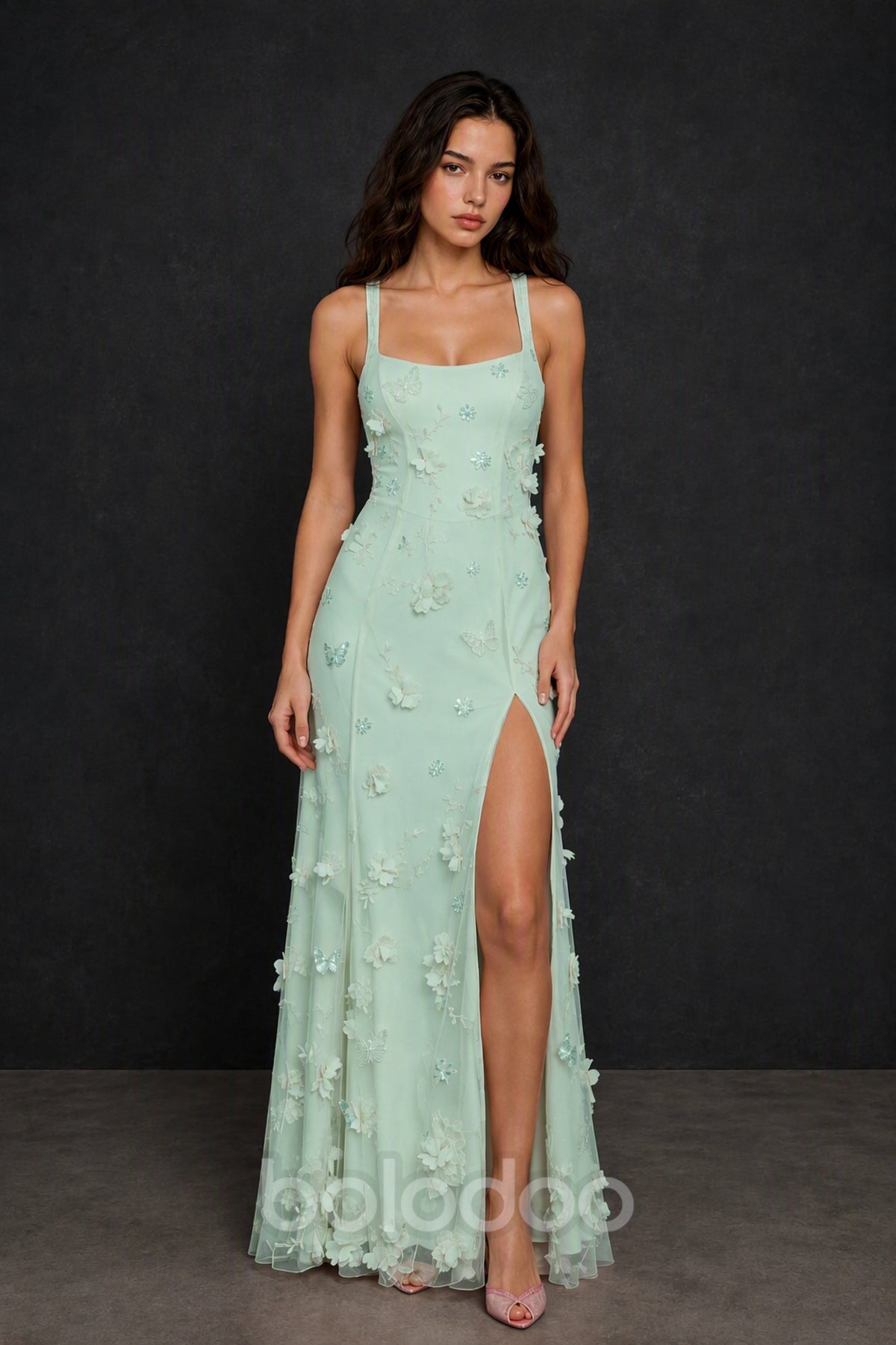 BOLODOO Mint Green 3D Butterfly Floral Tulle Maxi Gown – Lace-Up Back Slit Formal Dress - Mint Green | BOLODOO watermark