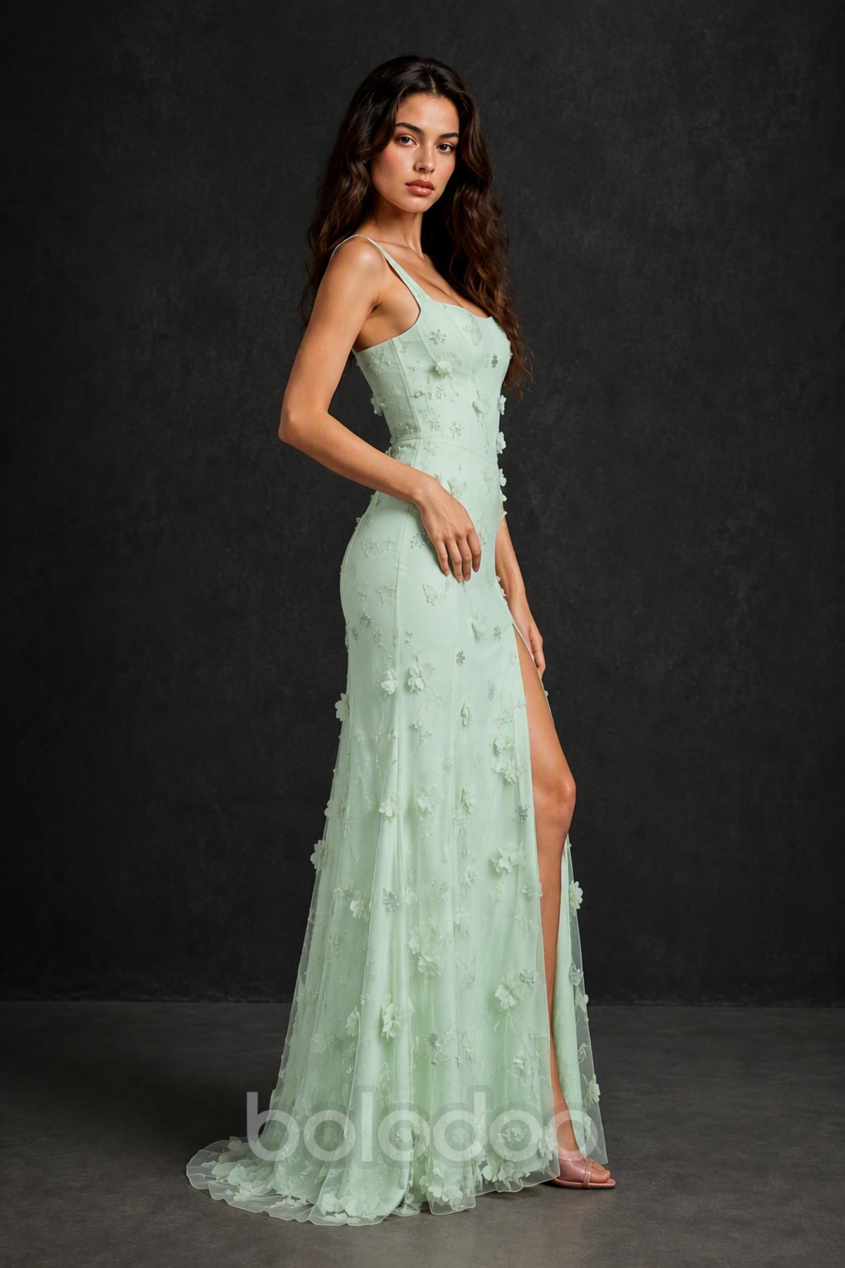 BOLODOO Mint Green 3D Butterfly Floral Tulle Maxi Gown – Lace-Up Back Slit Formal Dress - Mint Green | BOLODOO watermark