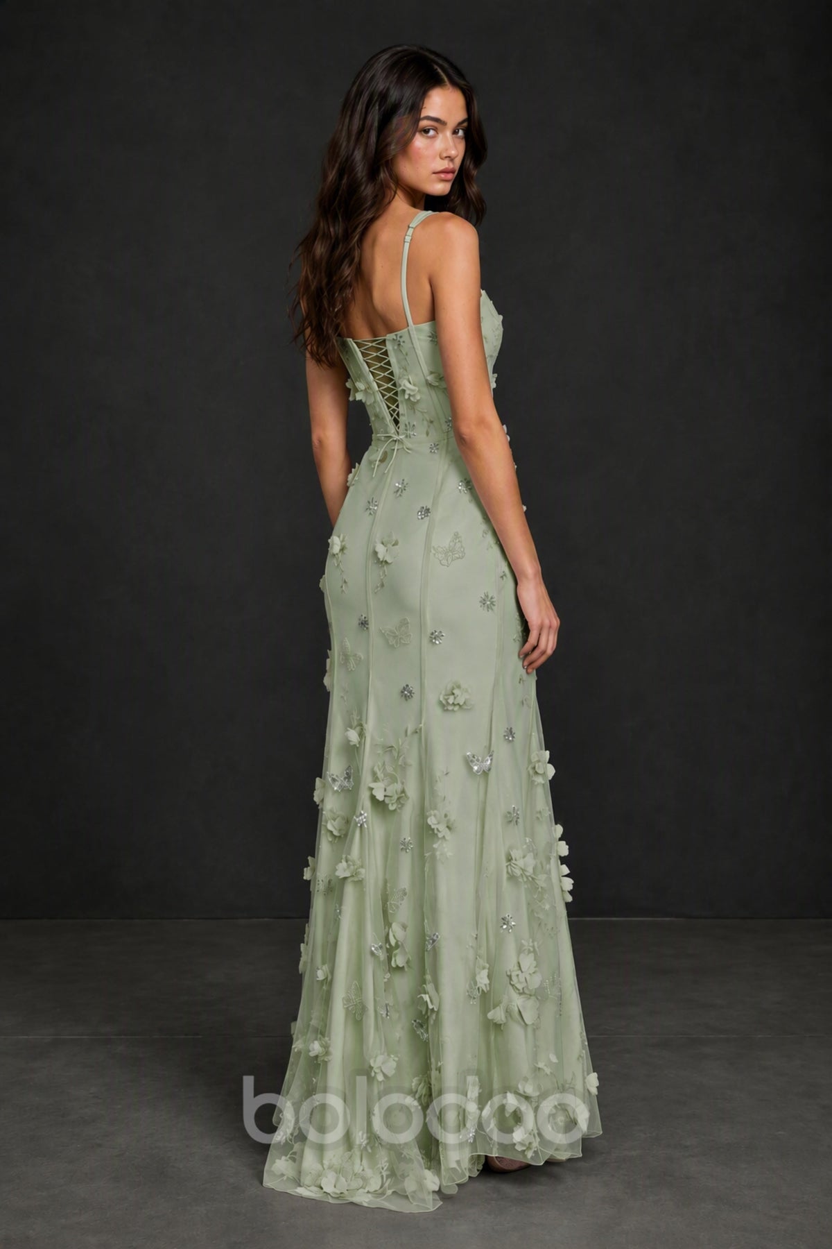 BOLODOO Sage Green 3D Butterfly Floral Tulle Maxi Gown – Lace-Up Back Slit Formal Dress - Sage Green | BOLODOO watermark