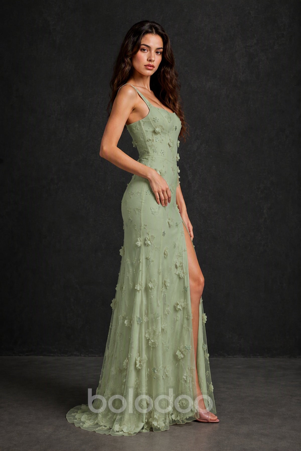 BOLODOO Sage Green 3D Butterfly Floral Tulle Maxi Gown – Lace-Up Back Slit Formal Dress - Sage Green | BOLODOO watermark