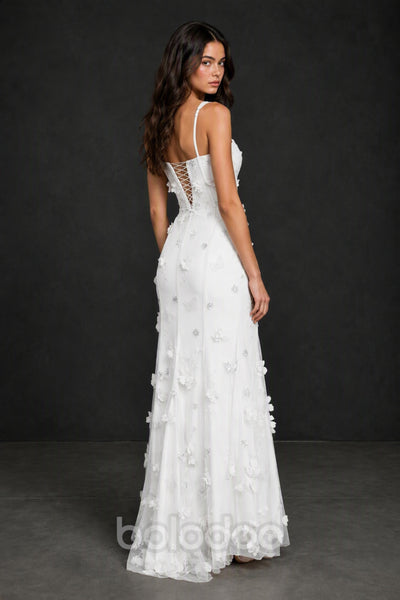 BOLODOO White 3D Butterfly Floral Tulle Maxi Gown – Lace-Up Back Slit Formal Dress - White | BOLODOO watermark