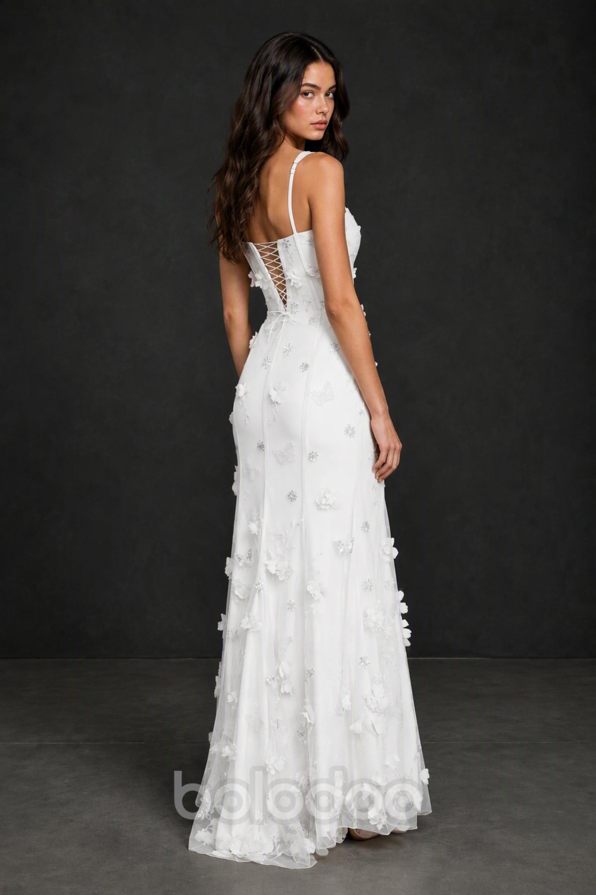 BOLODOO White 3D Butterfly Floral Tulle Maxi Gown – Lace-Up Back Slit Formal Dress - White | BOLODOO watermark