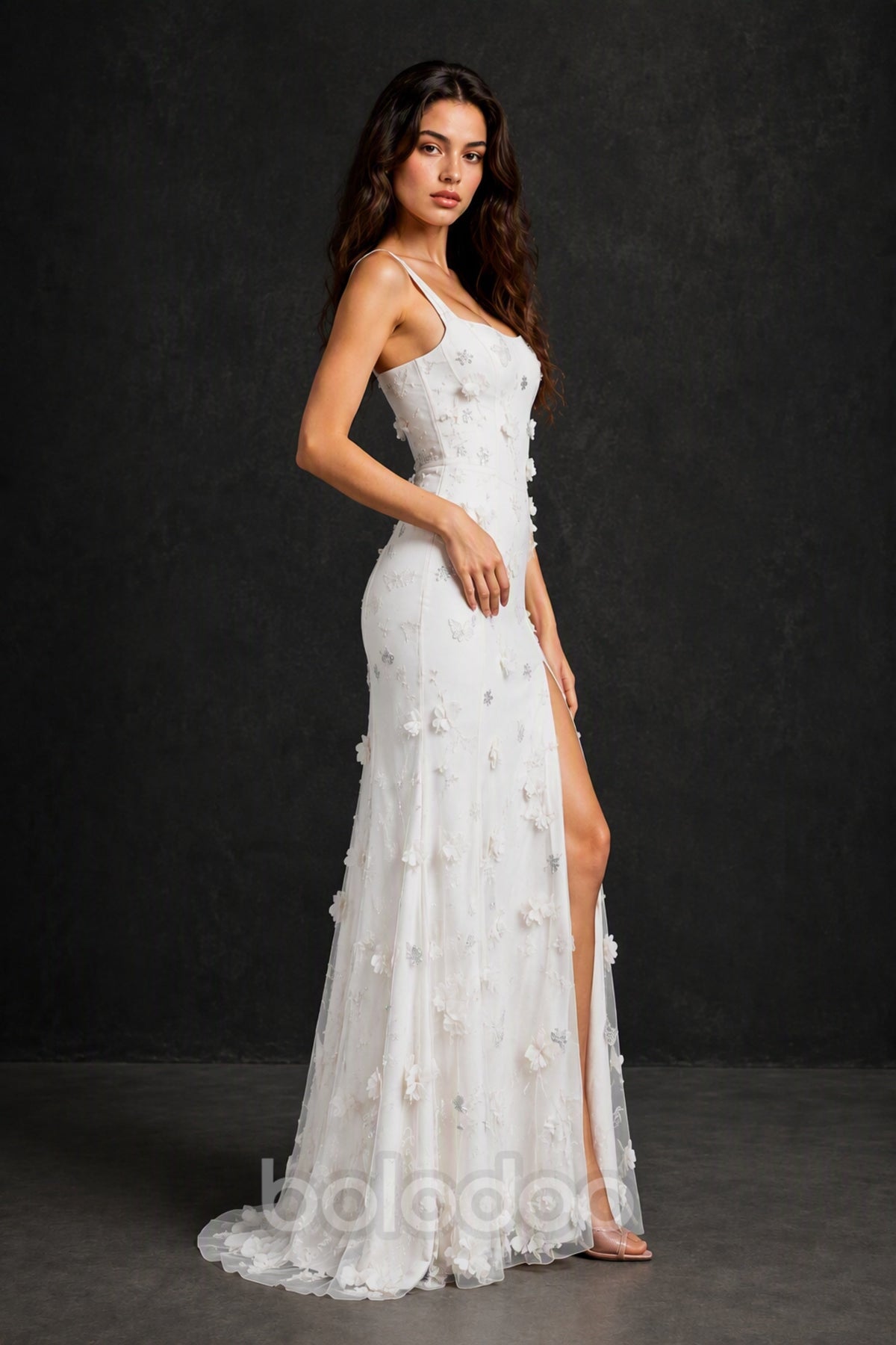 BOLODOO White 3D Butterfly Floral Tulle Maxi Gown – Lace-Up Back Slit Formal Dress - White | BOLODOO watermark