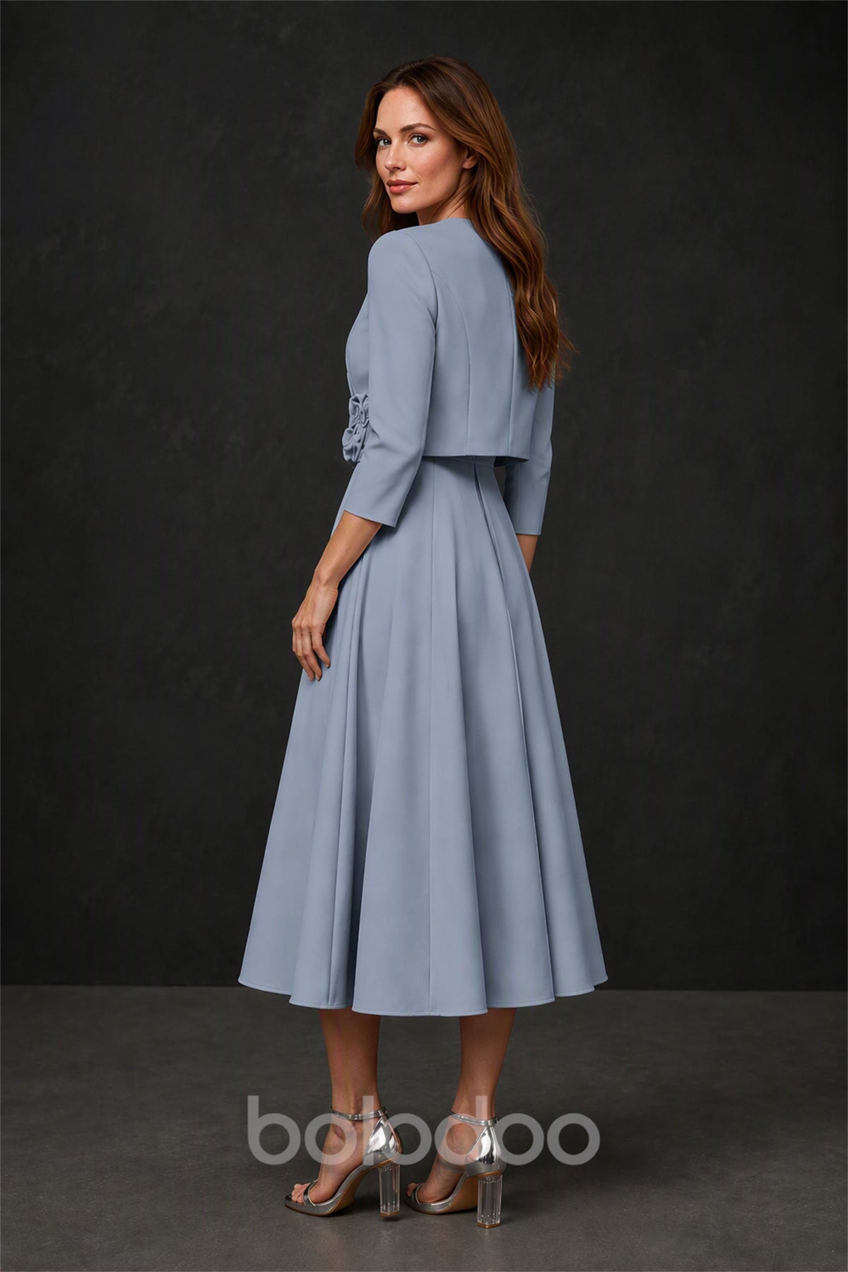 BOLODOO Dusty Blue 3D Rosette Jacket & Sleeveless A-Line Tea-Length Two-Piece Dress Set - Front Second Angle with Jacket | BOLODOO watermark