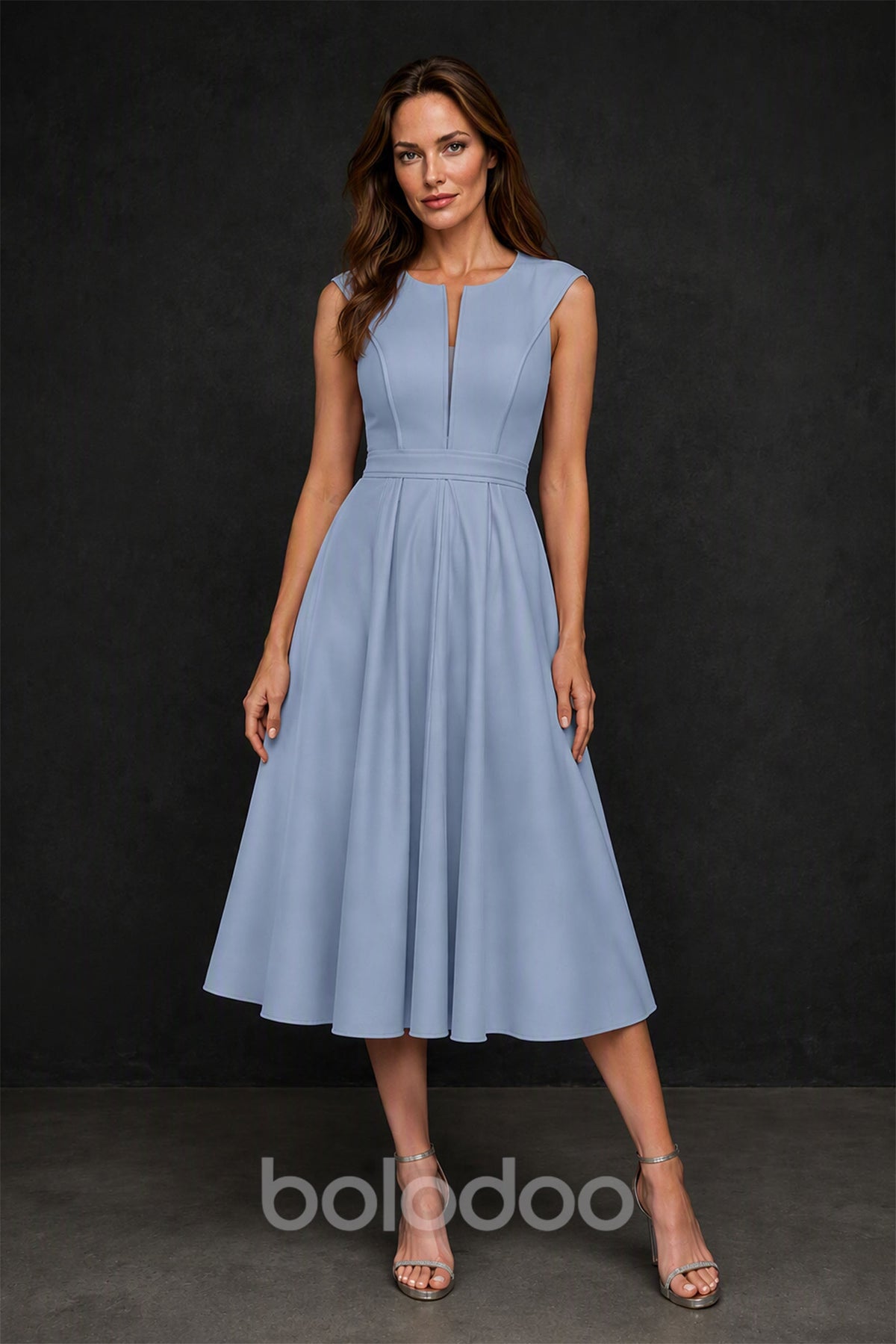 BOLODOO Dusty Blue 3D Rosette Jacket & Sleeveless A-Line Tea-Length Two-Piece Dress Set - Back View with Jacket | BOLODOO watermark