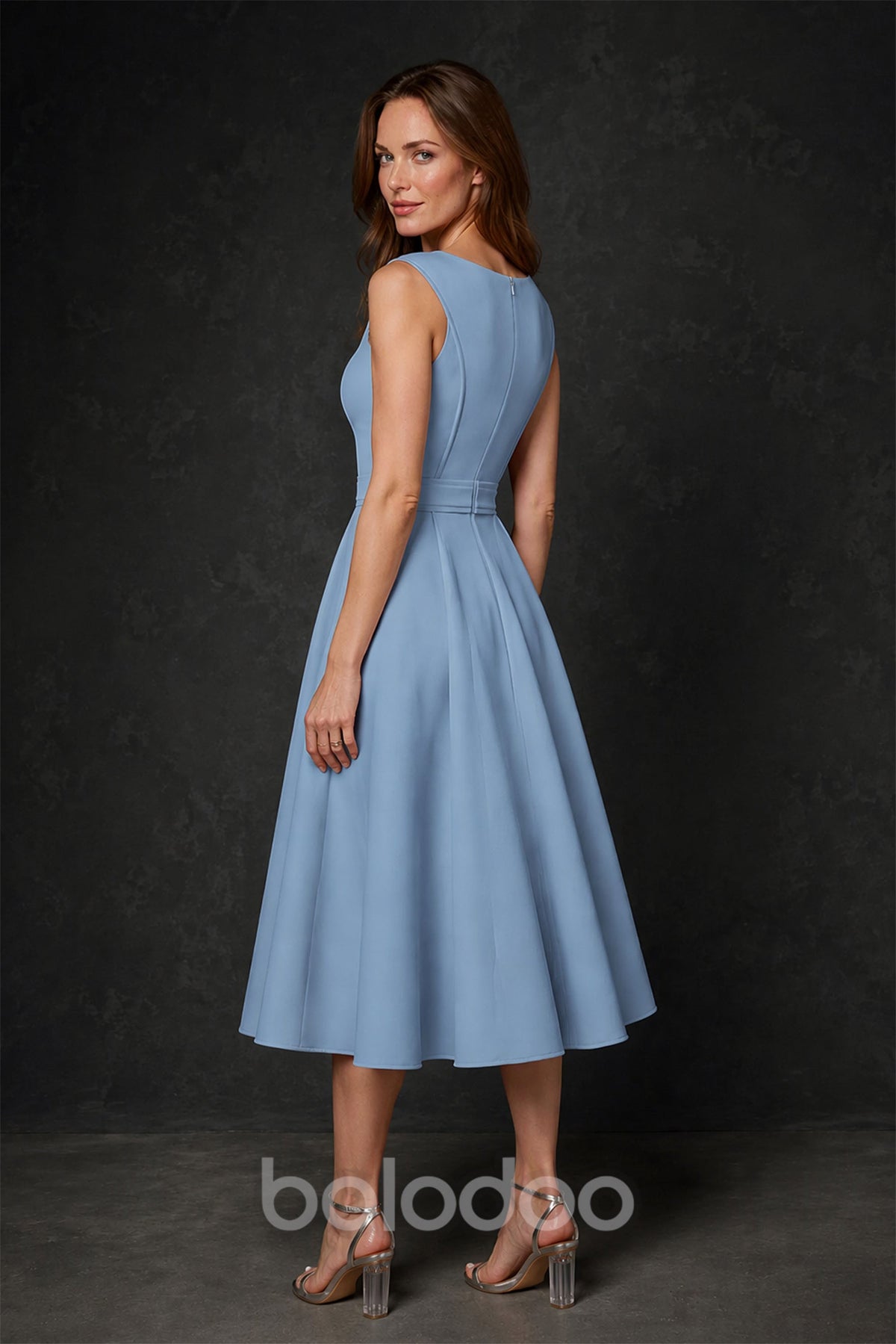 BOLODOO Dusty Blue 3D Rosette Jacket & Sleeveless A-Line Tea-Length Two-Piece Dress Set - Dress Only Front View | BOLODOO watermark