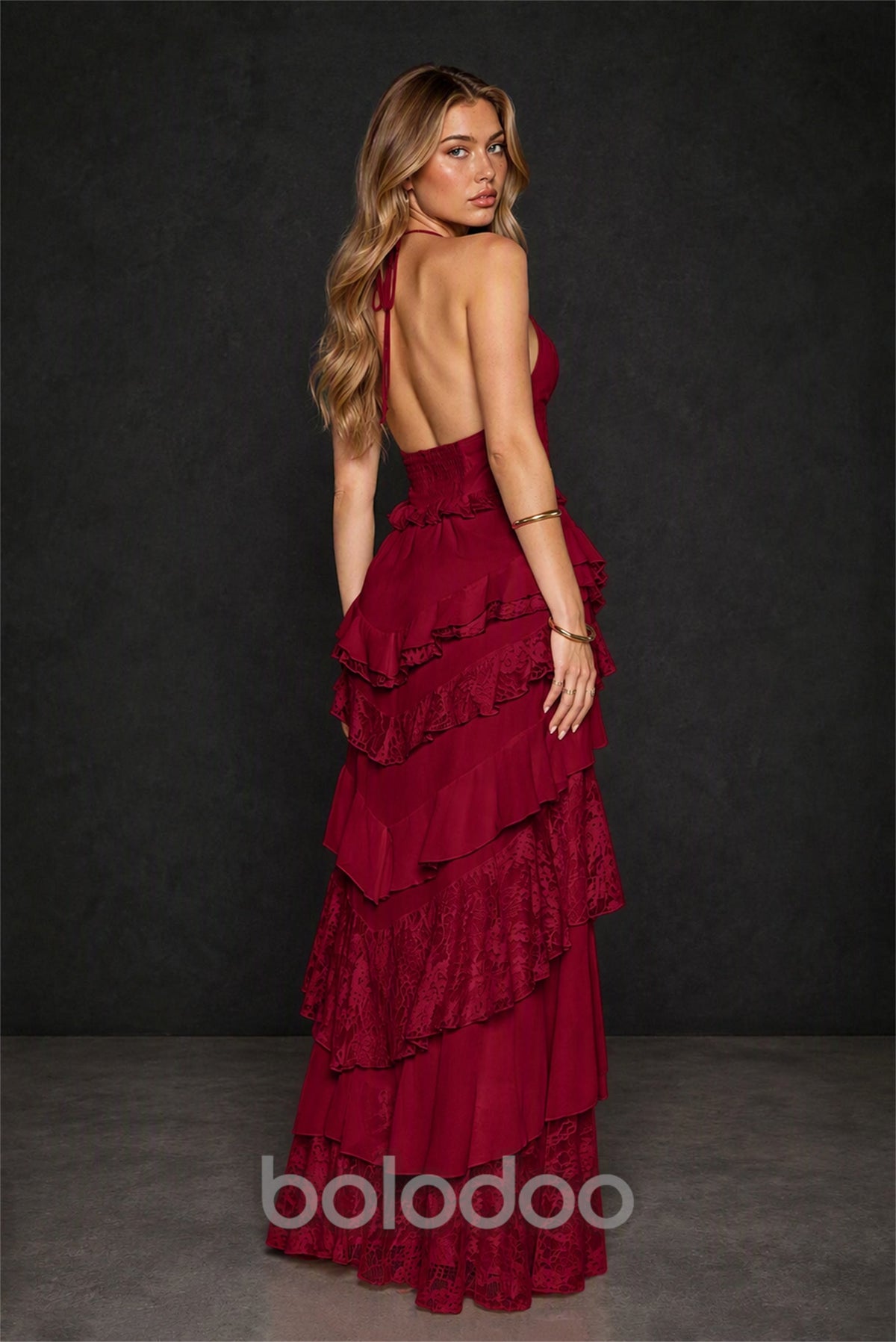 BOLODOO Burgundy Tiered Ruffle Lace Halter Backless Maxi Dress - Burgundy | BOLODOO watermark