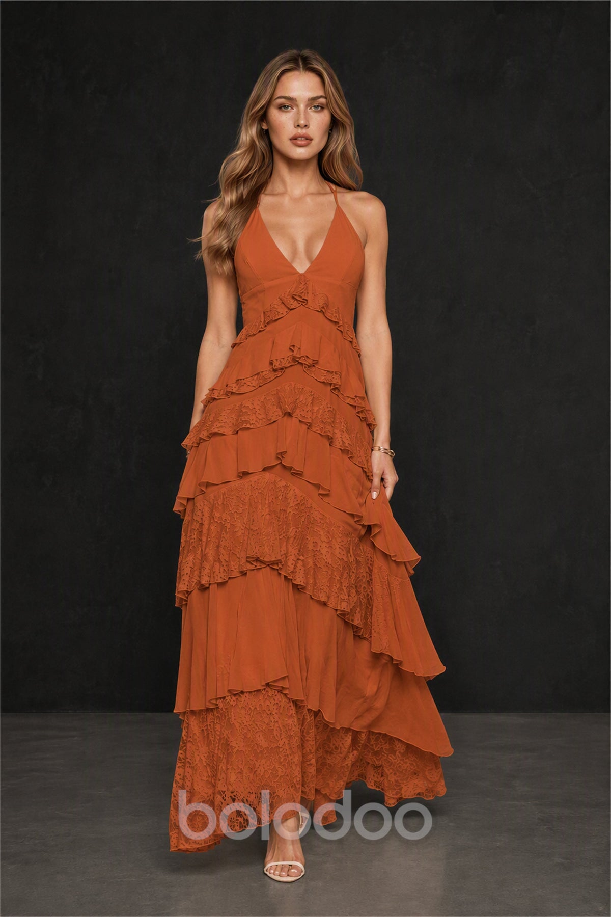 BOLODOO Burnt Orange Tiered Ruffle Lace Halter Backless Maxi Dress - Burnt Orange | BOLODOO watermark