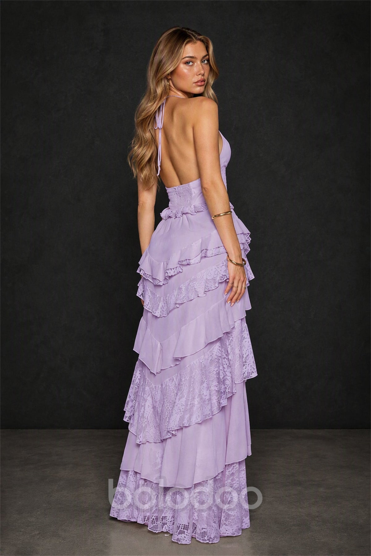 BOLODOO Lilac Tiered Ruffle Lace Halter Backless Maxi Dress - Lilac | BOLODOO watermark