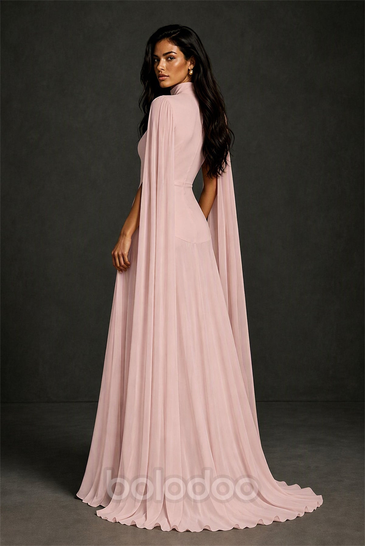 BOLODOO Blush Pink Mock Neck Cape Sleeve A-Line Chiffon Maxi Dress - Blush Pink | BOLODOO watermark