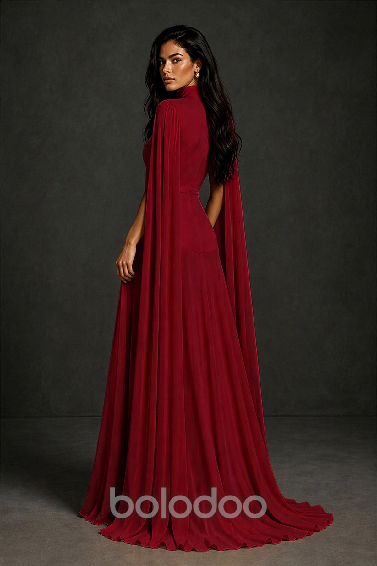 BOLODOO Burgundy Mock Neck Cape Sleeve A-Line Chiffon Maxi Dress - Burgundy | BOLODOO watermark