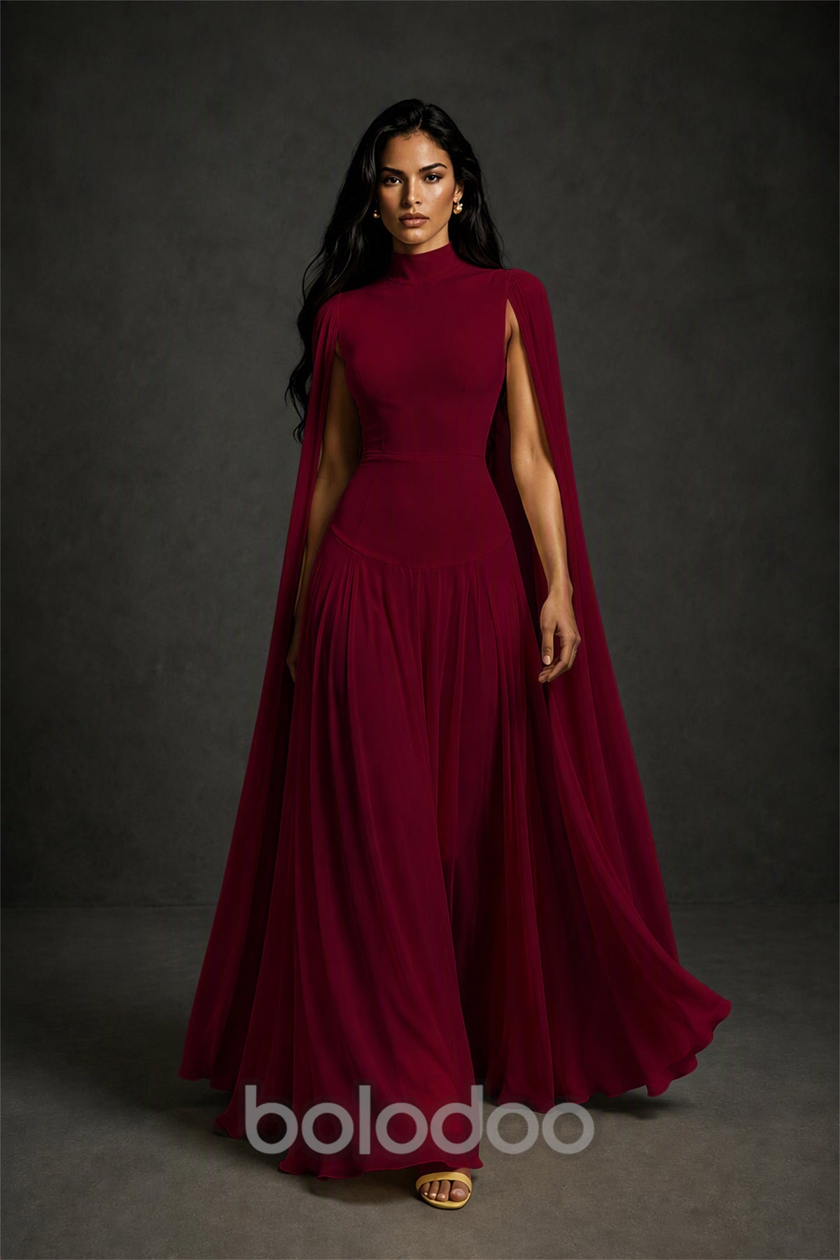 BOLODOO Burgundy Mock Neck Cape Sleeve A-Line Chiffon Maxi Dress - Burgundy | BOLODOO watermark