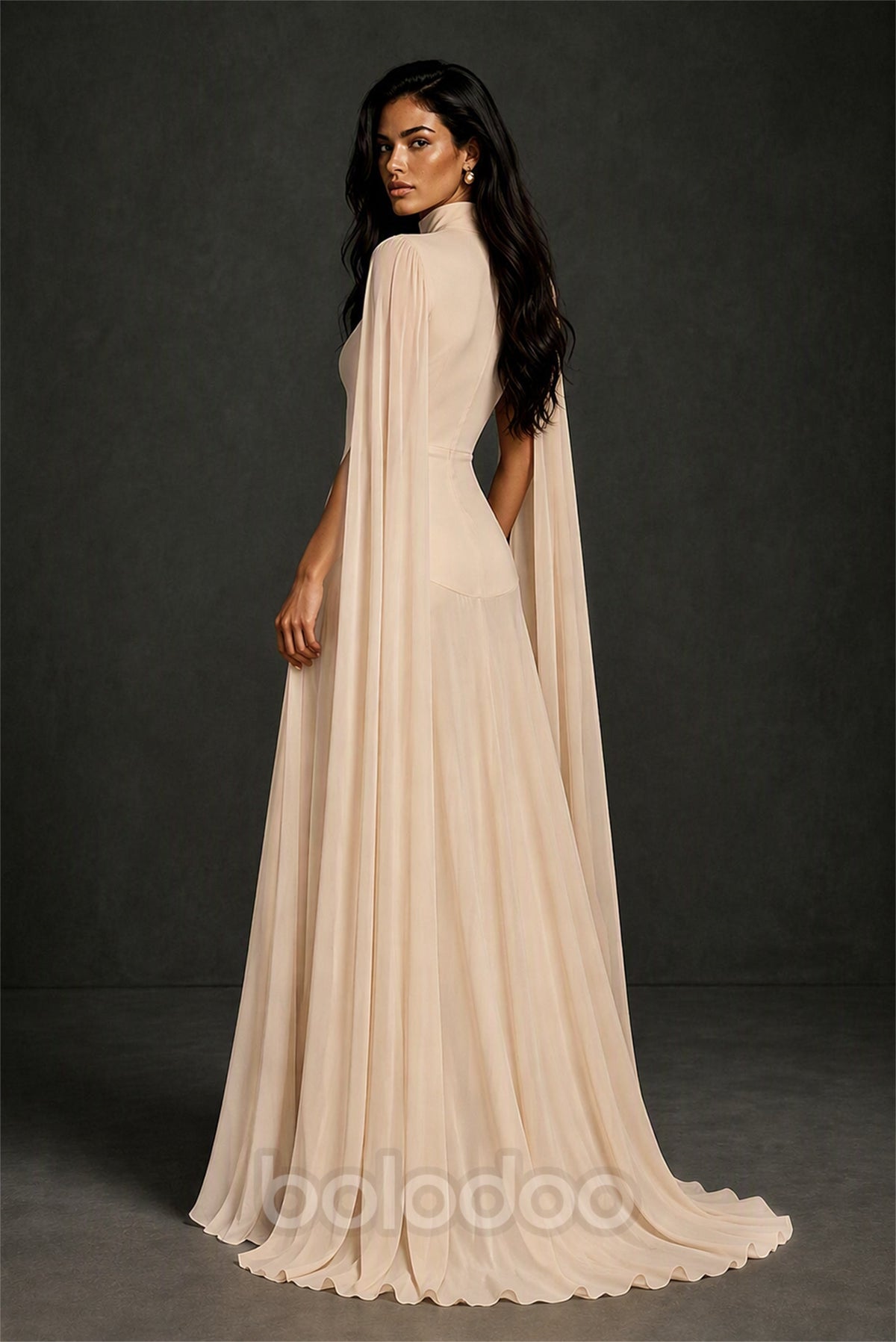 BOLODOO Champagne Mock Neck Cape Sleeve A-Line Chiffon Maxi Dress - Champagne | BOLODOO watermark