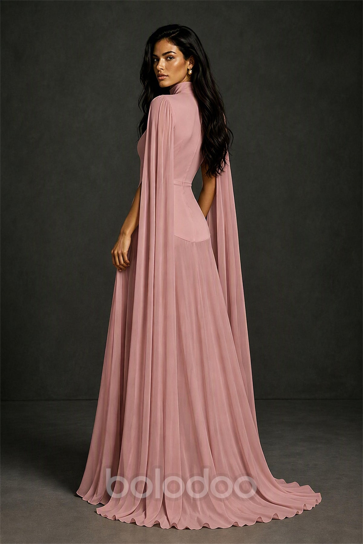 BOLODOO Dusty Rose Mock Neck Cape Sleeve A-Line Chiffon Maxi Dress - Dusty Rose | BOLODOO watermark