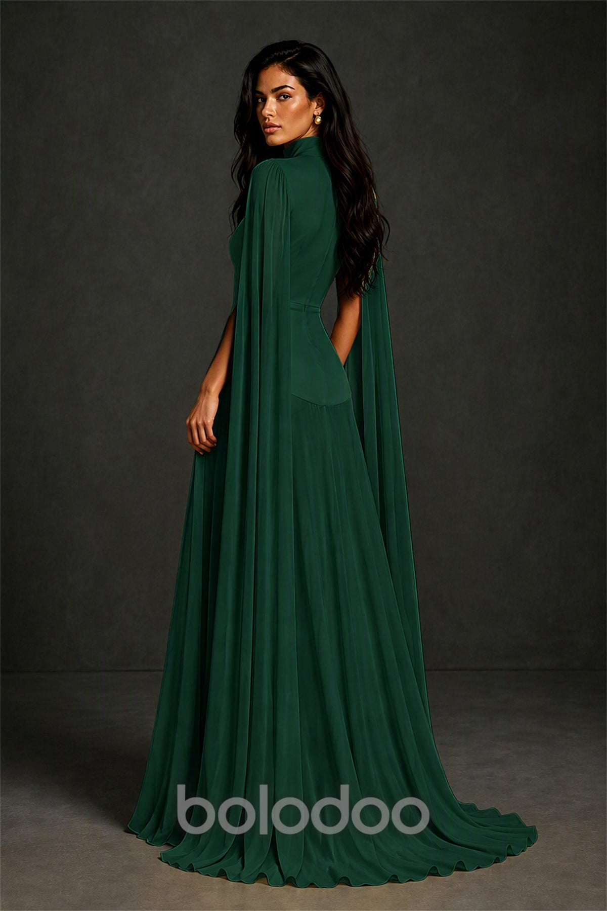 BOLODOO Emerald Green Mock Neck Cape Sleeve A-Line Chiffon Maxi Dress - Emerald Green | BOLODOO watermark