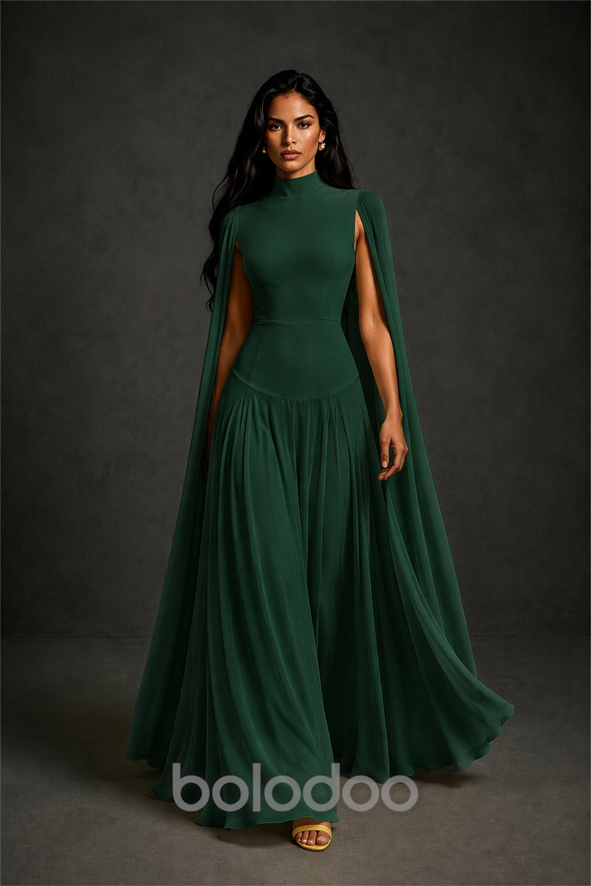 BOLODOO Emerald Green Mock Neck Cape Sleeve A-Line Chiffon Maxi Dress - Emerald Green | BOLODOO watermark