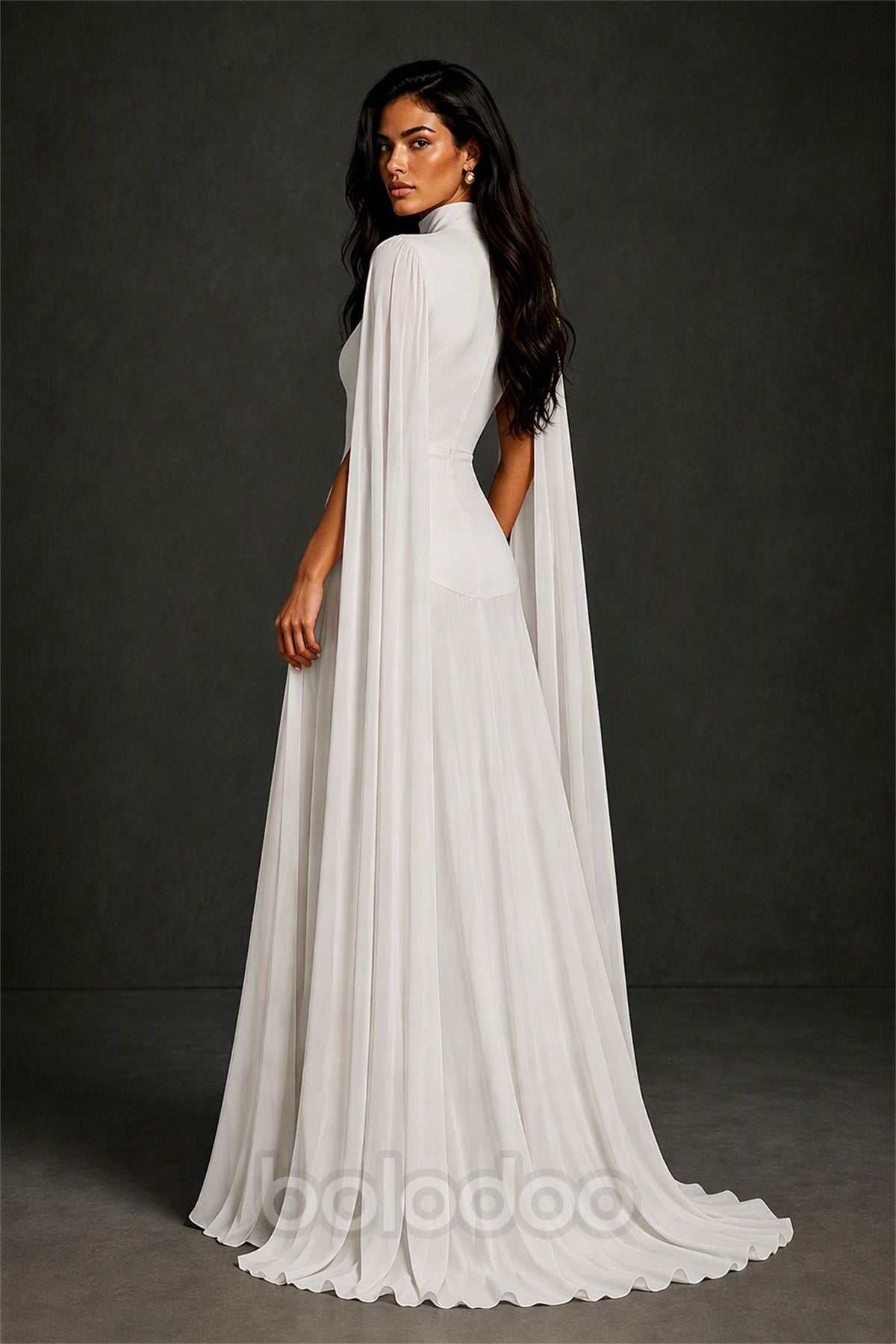 BOLODOO Ivory Mock Neck Cape Sleeve A-Line Chiffon Maxi Dress - Ivory | BOLODOO watermark