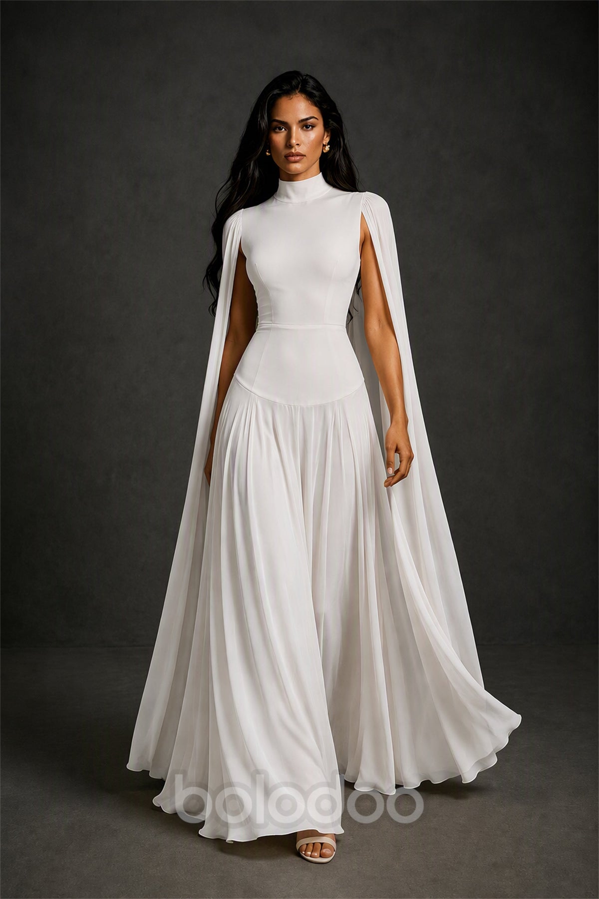 BOLODOO Ivory Mock Neck Cape Sleeve A-Line Chiffon Maxi Dress - Ivory | BOLODOO watermark