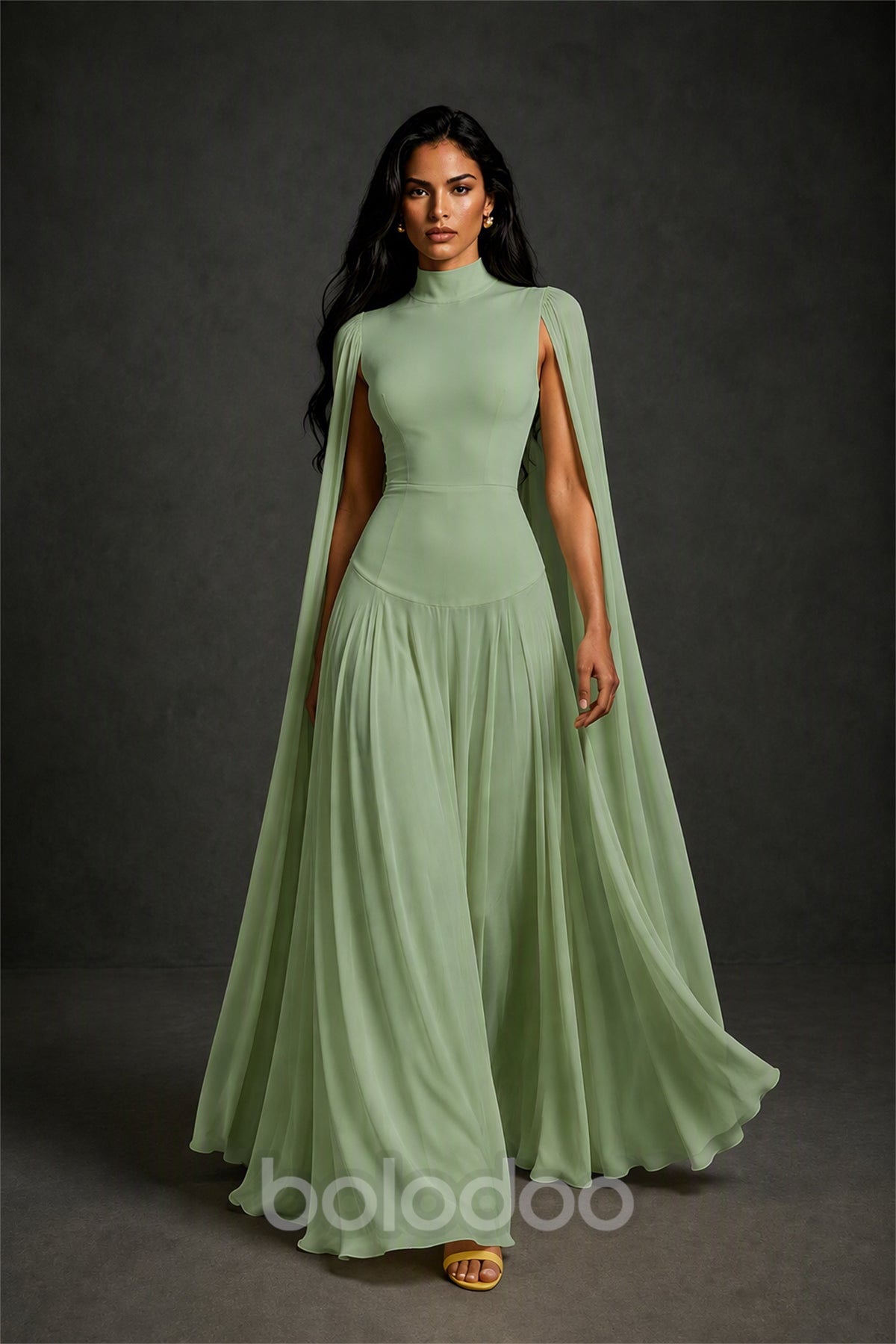 BOLODOO Sage Green Mock Neck Cape Sleeve A-Line Chiffon Maxi Dress - Sage Green | BOLODOO watermark