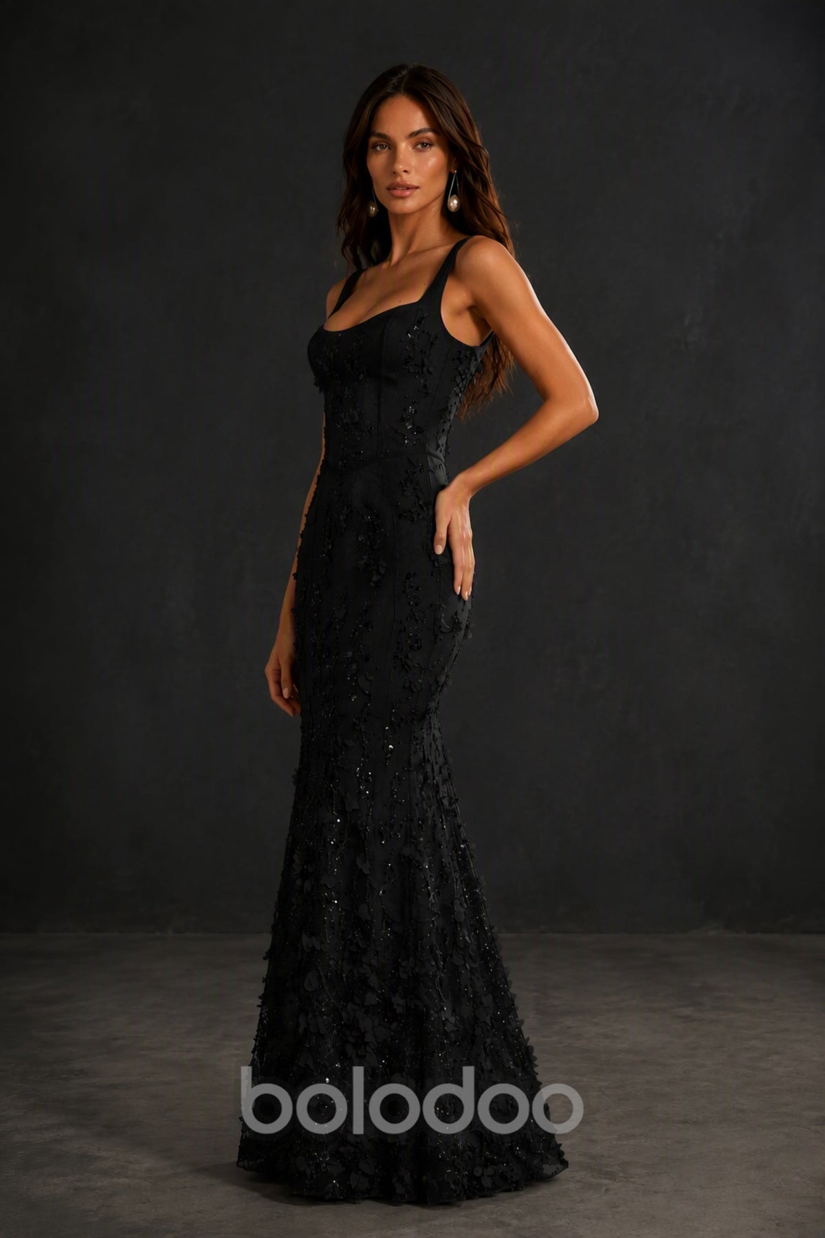 BOLODOO Black Sequin 3D Floral Mermaid Gown – side view showing mermaid silhouette and floral appliqués | BOLODOO watermark