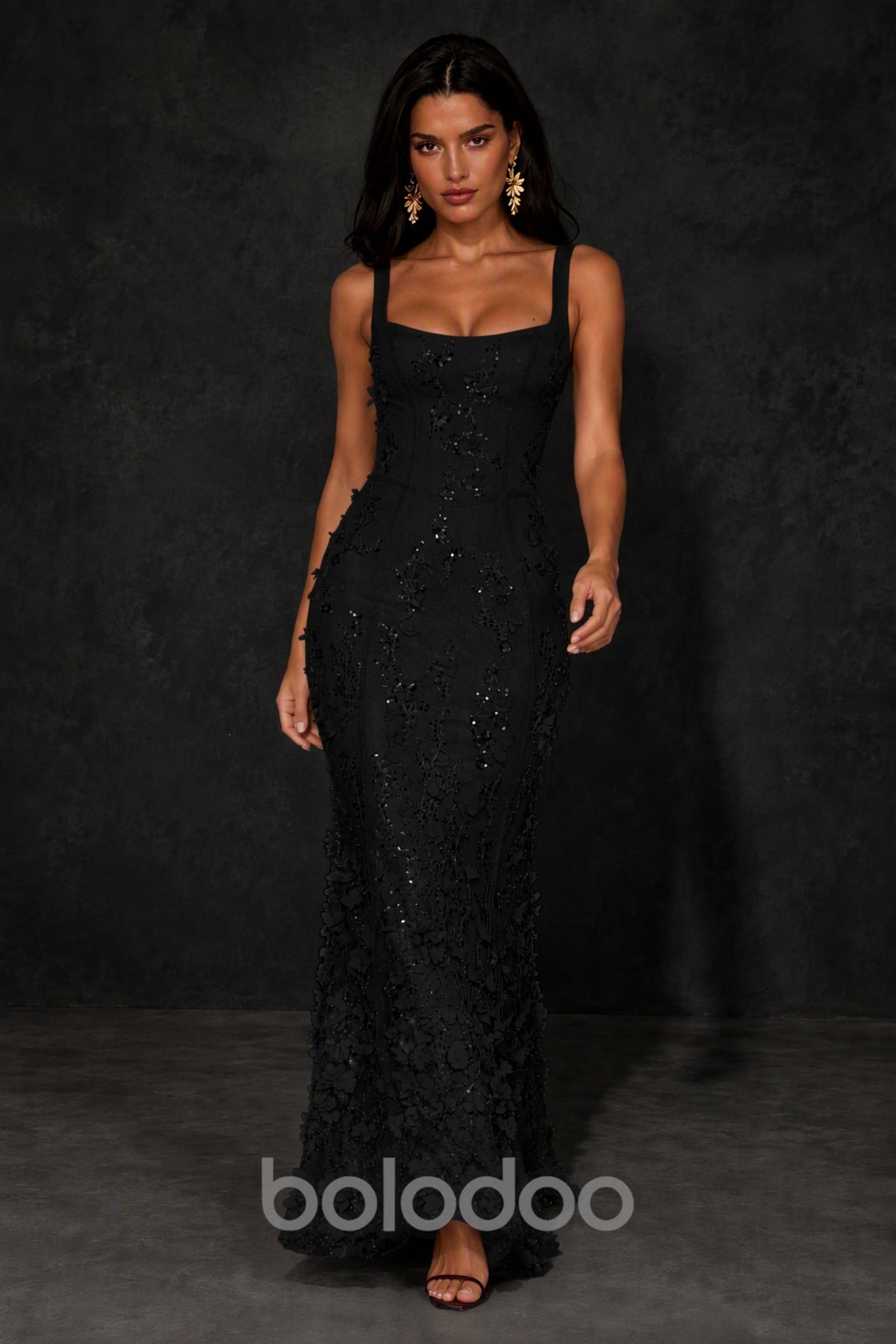 BOLODOO Black Sequin 3D Floral Mermaid Gown – front full-length view with gold accessories | BOLODOO watermark