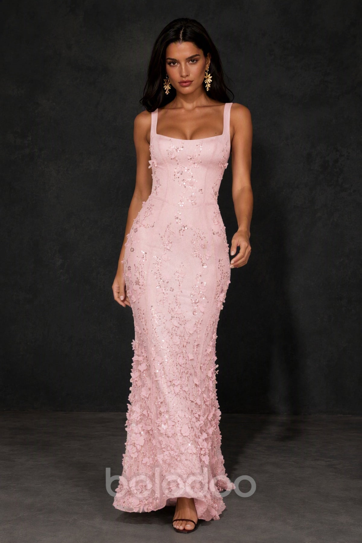 BOLODOO Blush Pink Sequin 3D Floral Mermaid Maxi Gown – Lace-Up Back Formal Dress - Blush Pink | BOLODOO watermark
