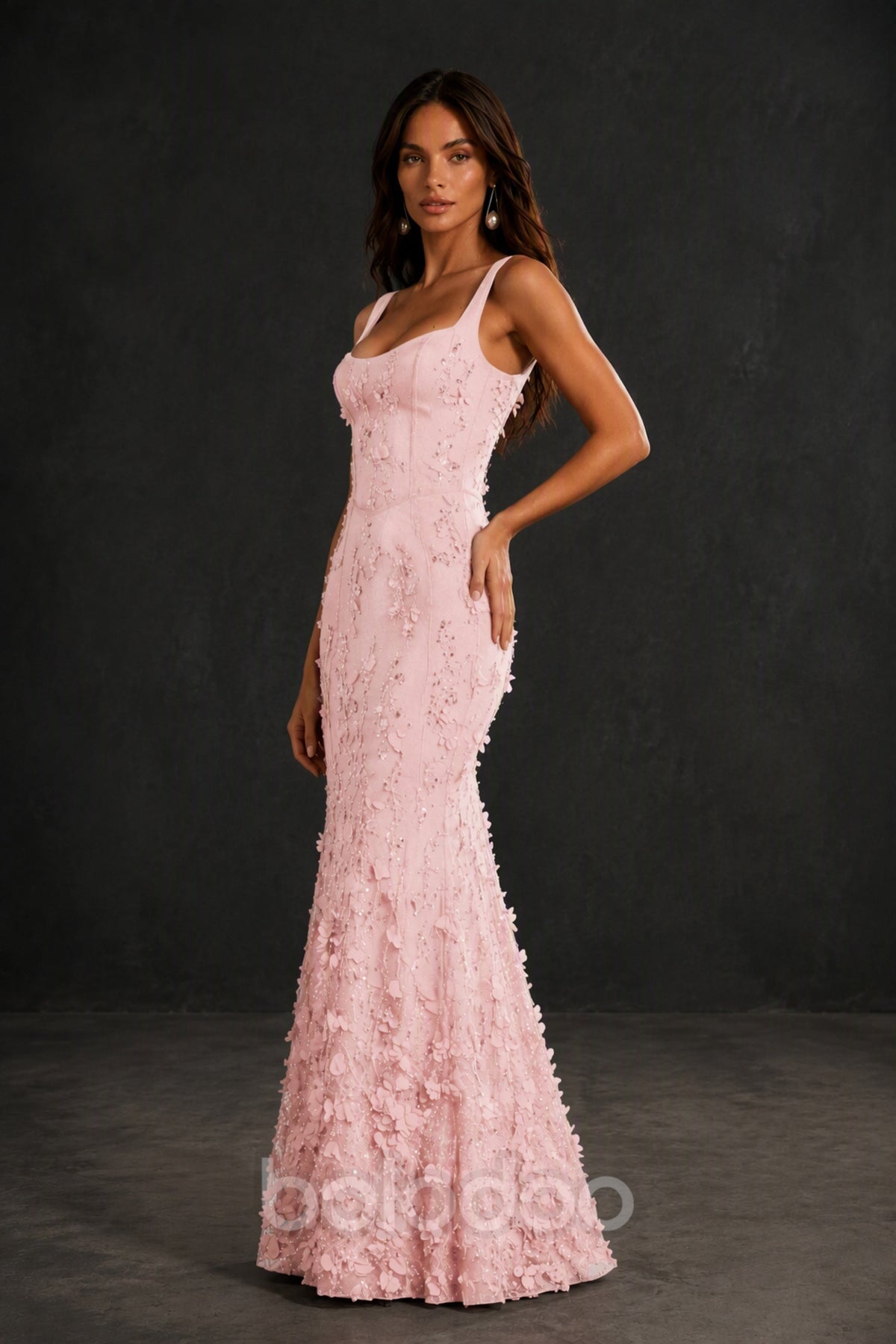BOLODOO Blush Pink Sequin 3D Floral Mermaid Maxi Gown – Lace-Up Back Formal Dress - Blush Pink | BOLODOO watermark