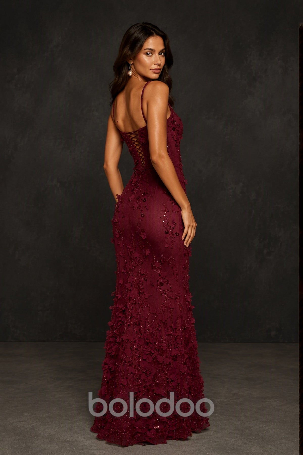 BOLODOO Burgundy Sequin 3D Floral Mermaid Maxi Gown – Lace-Up Back Formal Dress - Burgundy | BOLODOO watermark